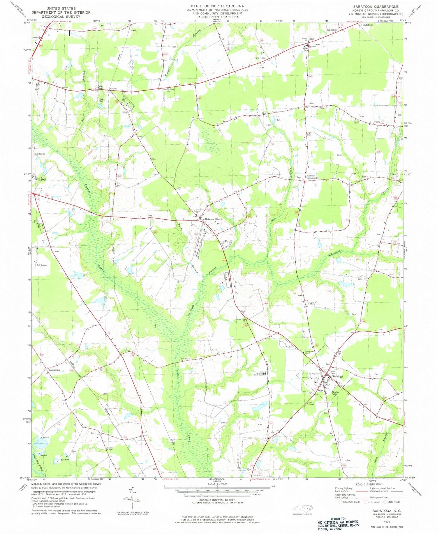 Classic USGS Saratoga North Carolina 7.5'x7.5' Topo Map Image
