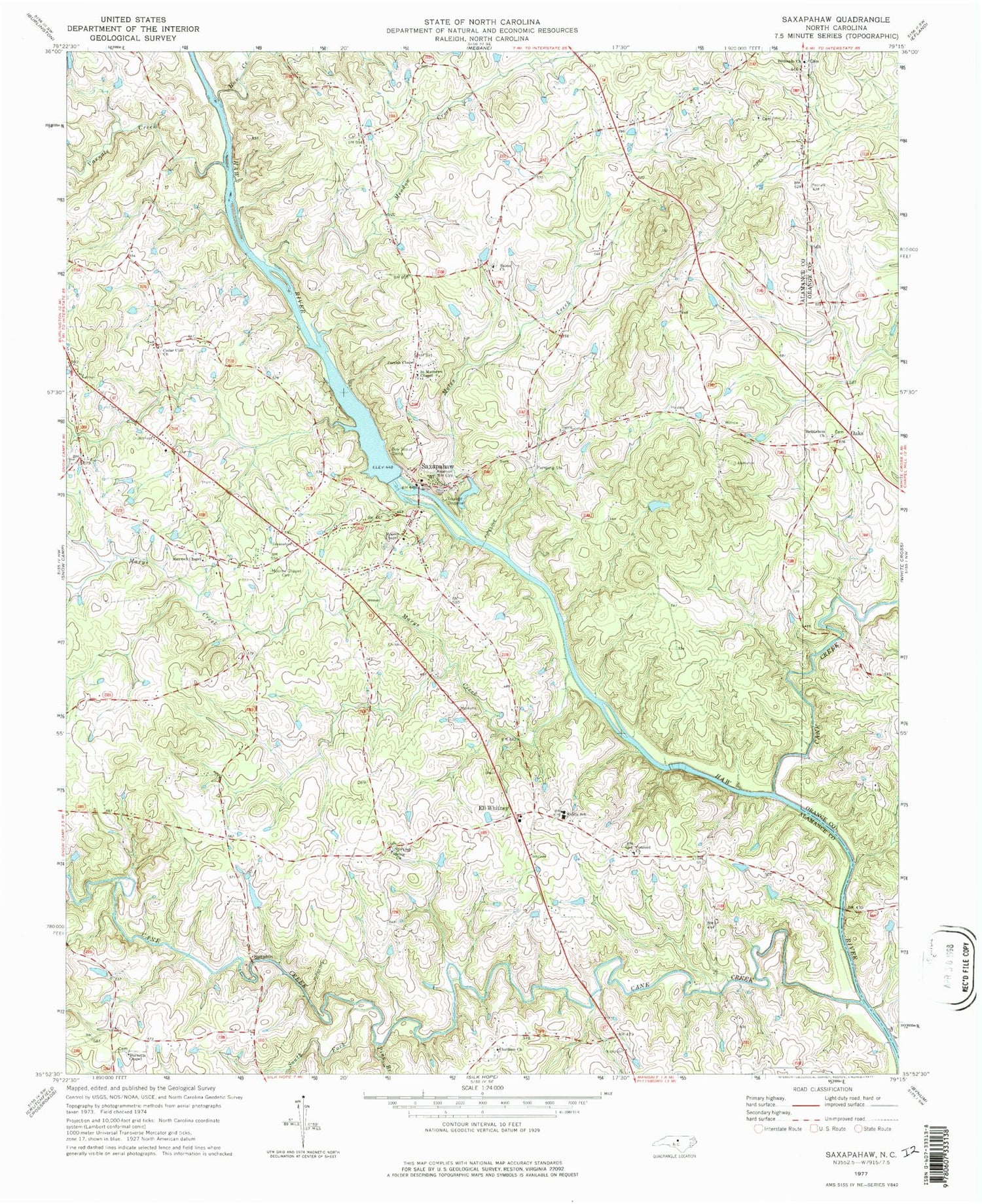 Classic USGS Saxapahaw North Carolina 7.5'x7.5' Topo Map Image