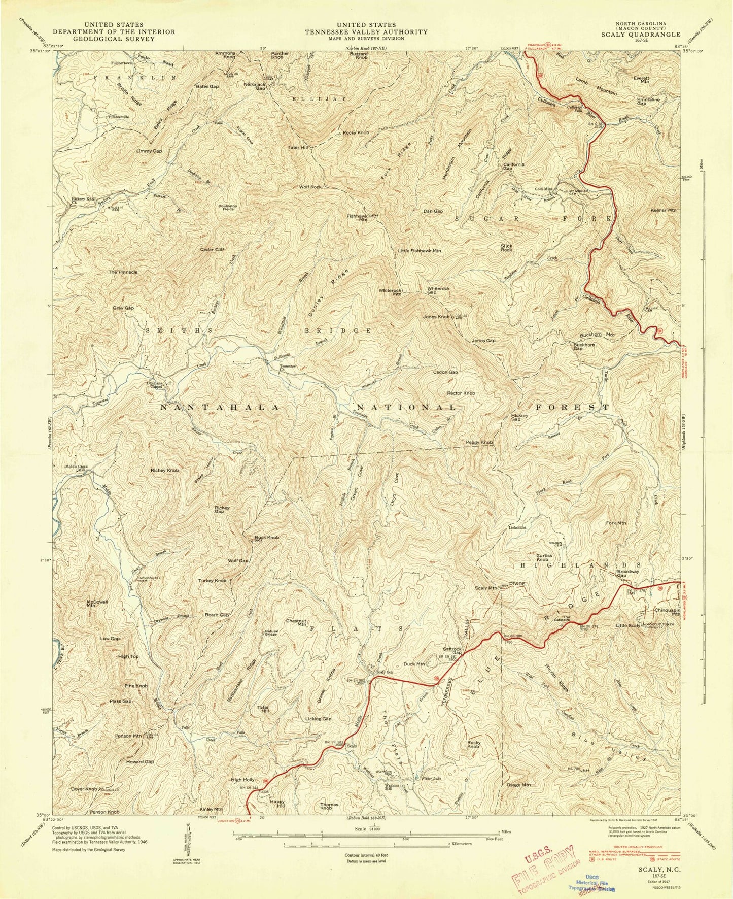 Classic USGS Scaly Mountain North Carolina 7.5'x7.5' Topo Map Image