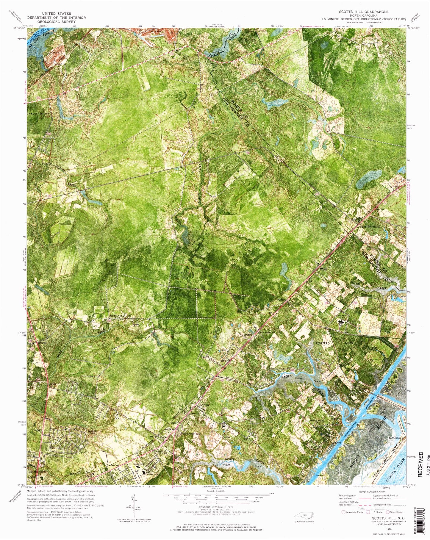 Classic USGS Scotts Hill North Carolina 7.5'x7.5' Topo Map Image