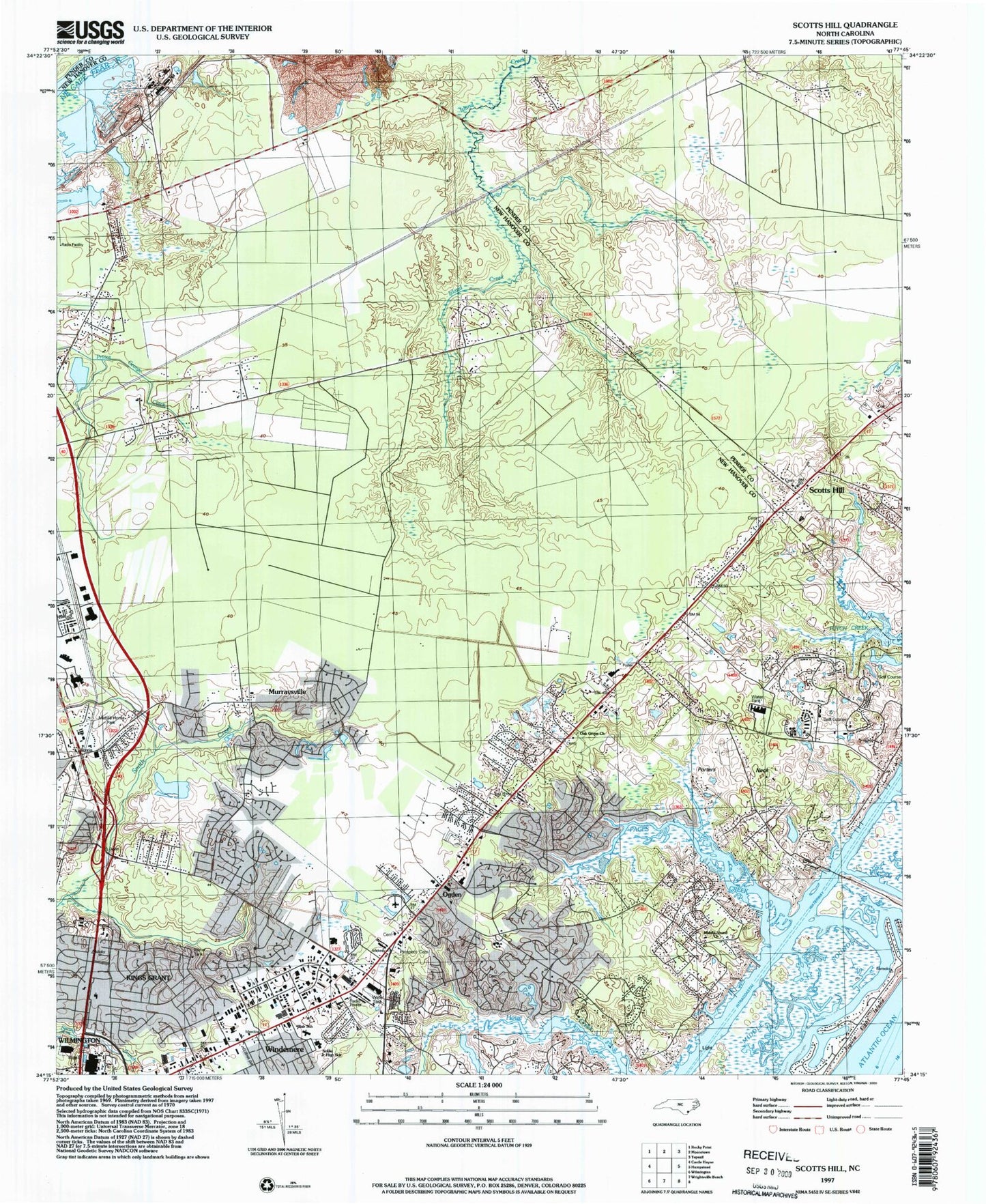 Classic USGS Scotts Hill North Carolina 7.5'x7.5' Topo Map Image