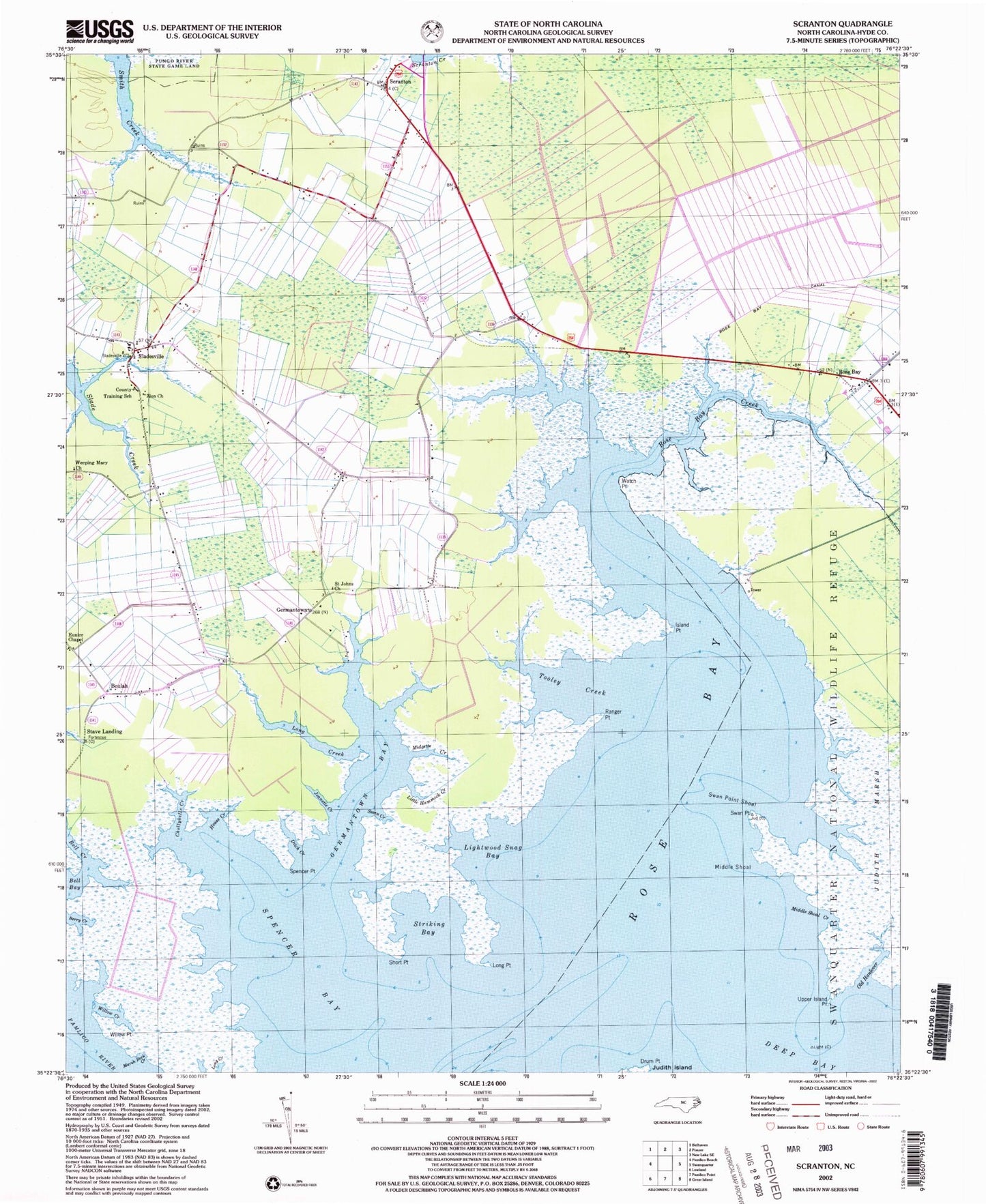 Classic USGS Scranton North Carolina 7.5'x7.5' Topo Map Image