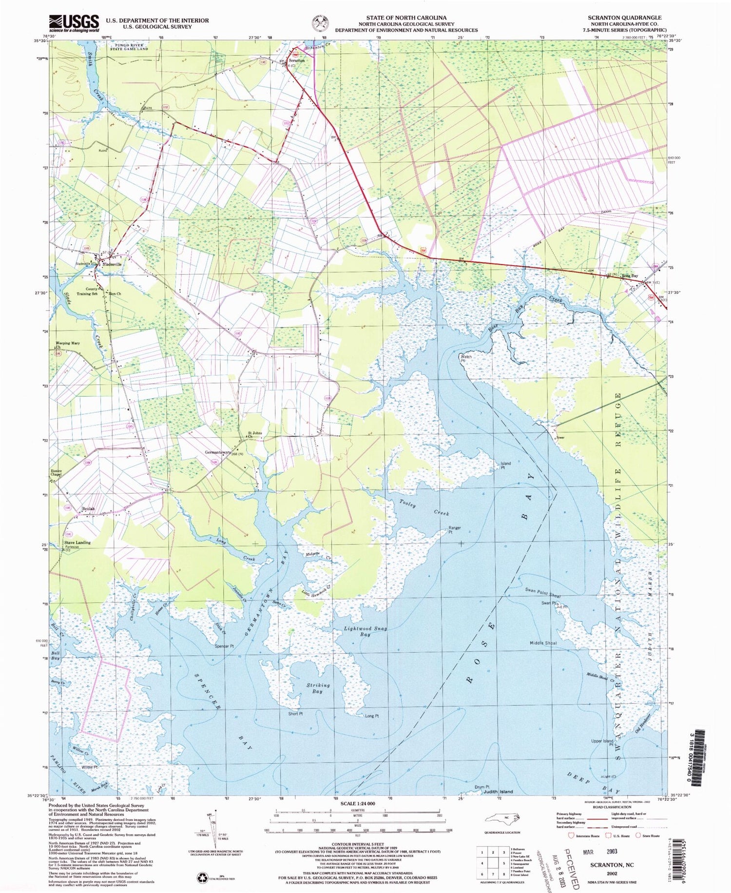 Classic USGS Scranton North Carolina 7.5'x7.5' Topo Map Image