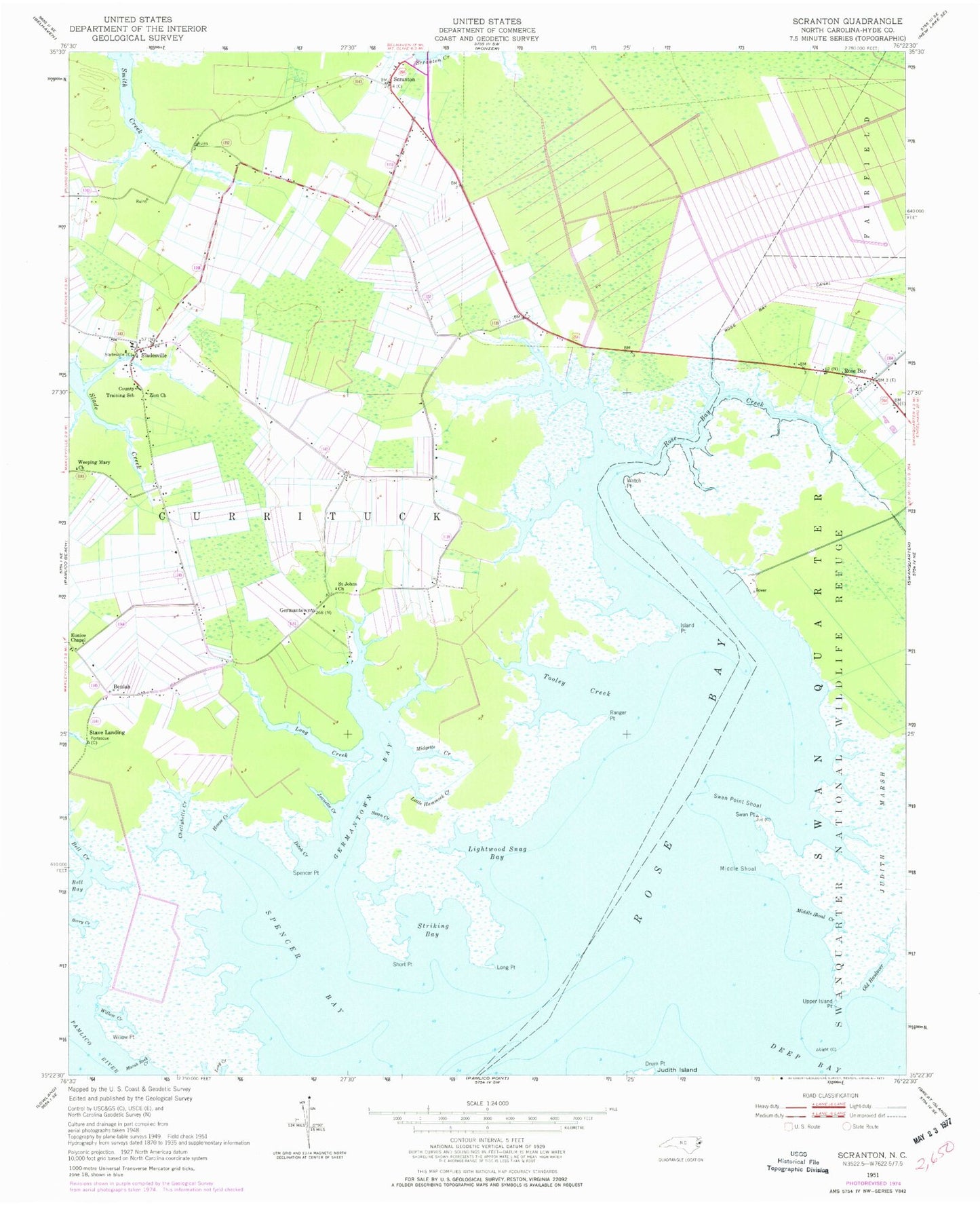 Classic USGS Scranton North Carolina 7.5'x7.5' Topo Map Image