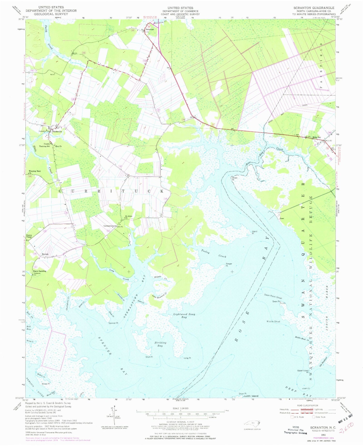 Classic USGS Scranton North Carolina 7.5'x7.5' Topo Map Image