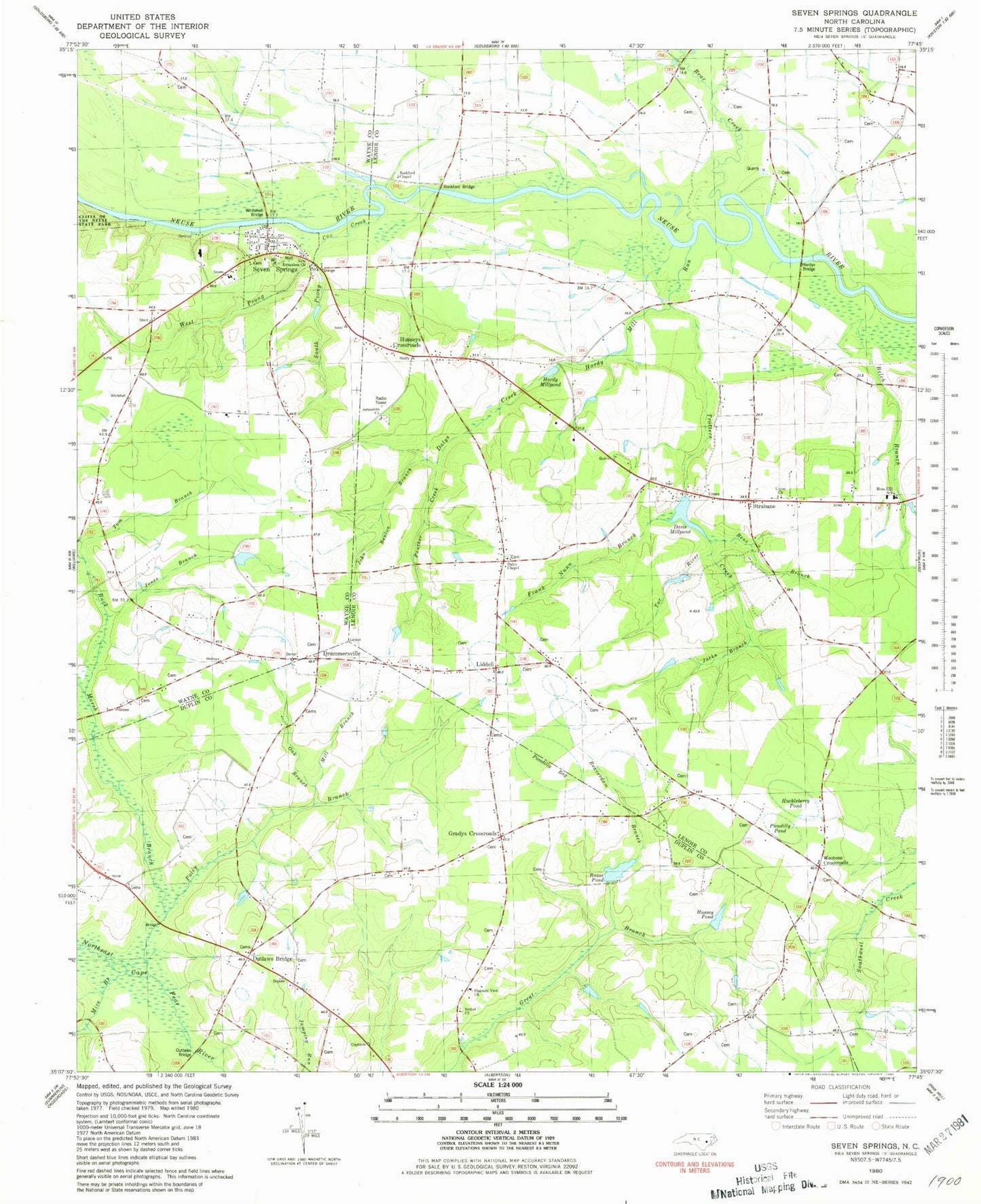 Classic USGS Seven Springs North Carolina 7.5'x7.5' Topo Map Image