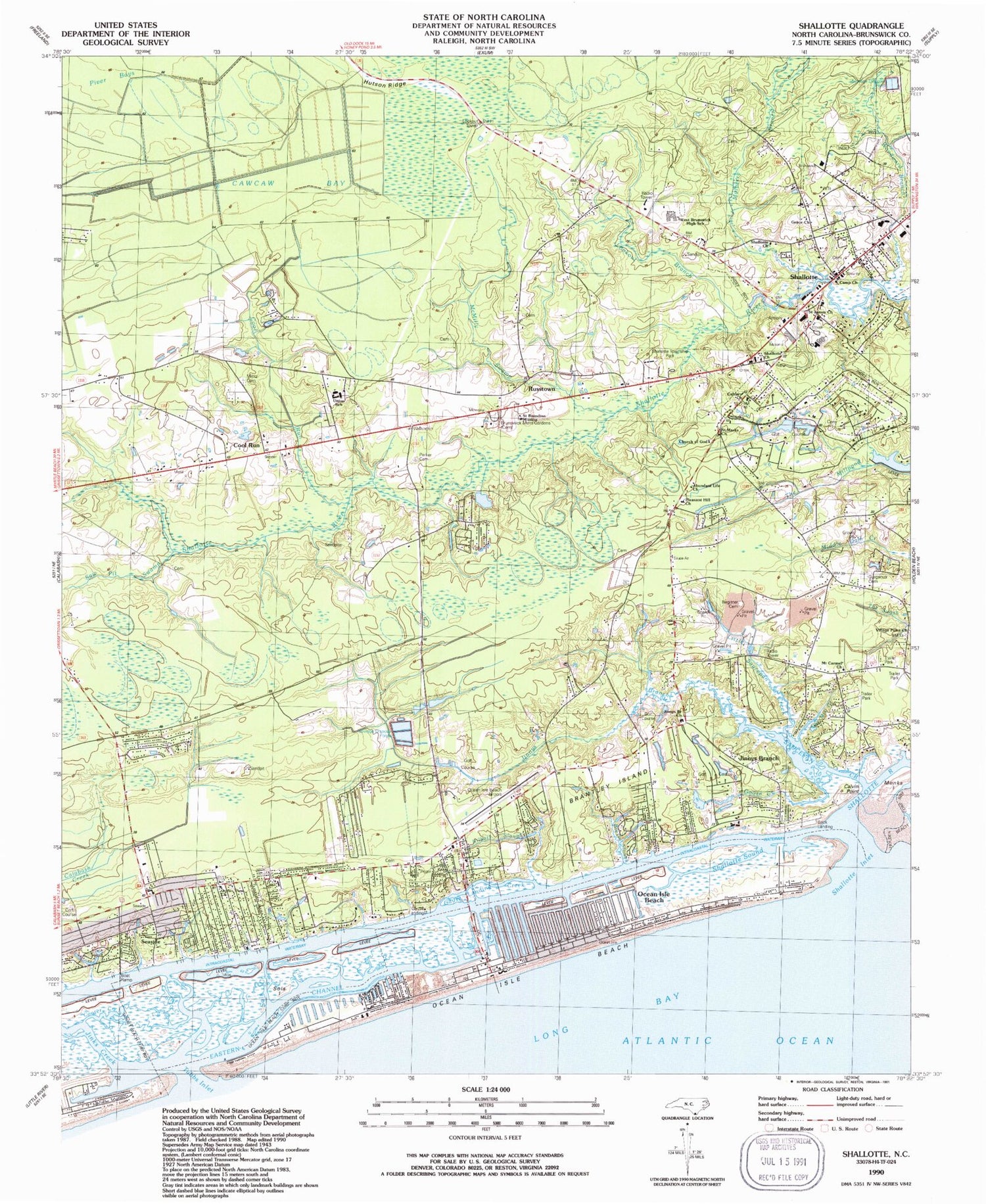 Classic USGS Shallotte North Carolina 7.5'x7.5' Topo Map Image