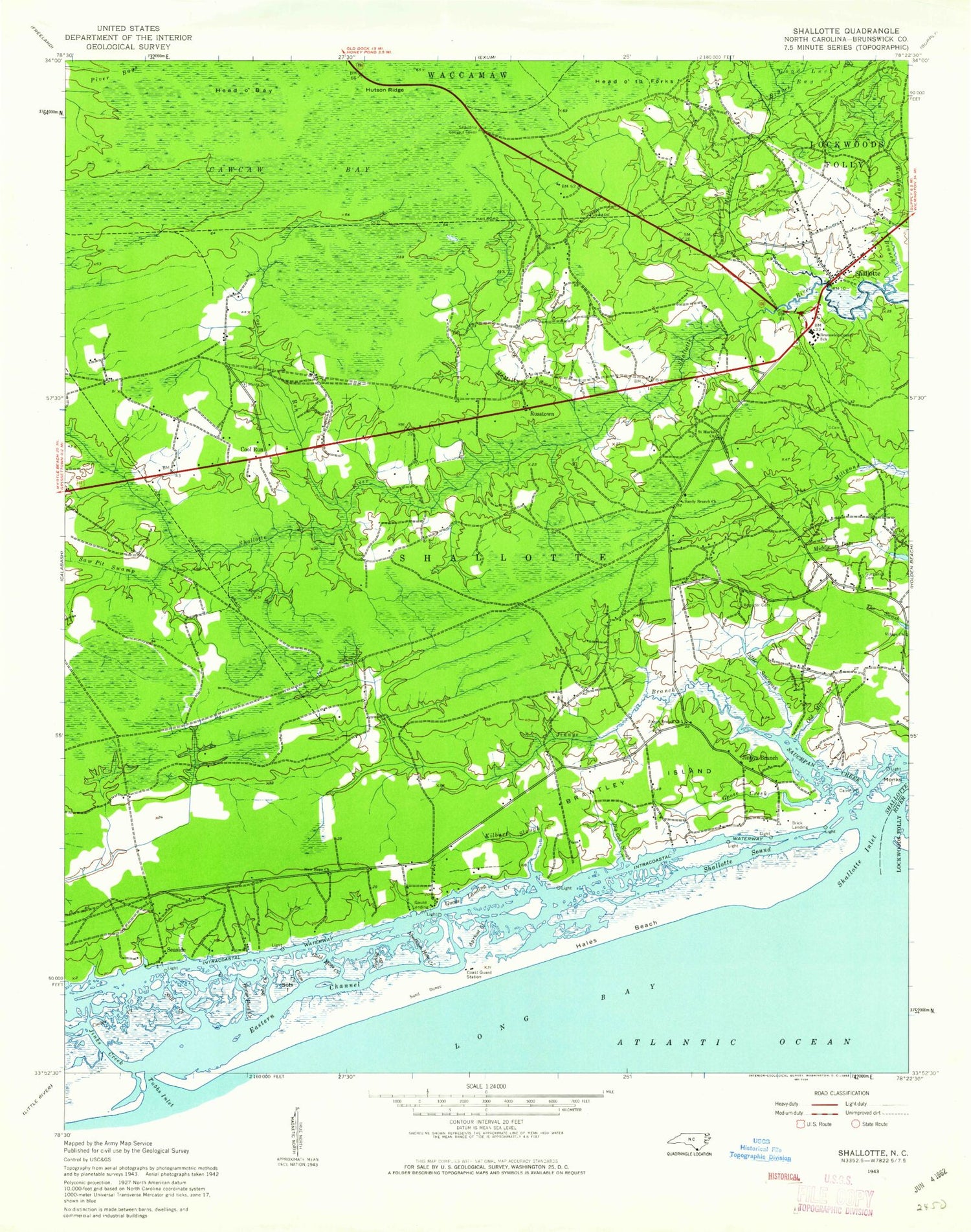 Classic USGS Shallotte North Carolina 7.5'x7.5' Topo Map Image