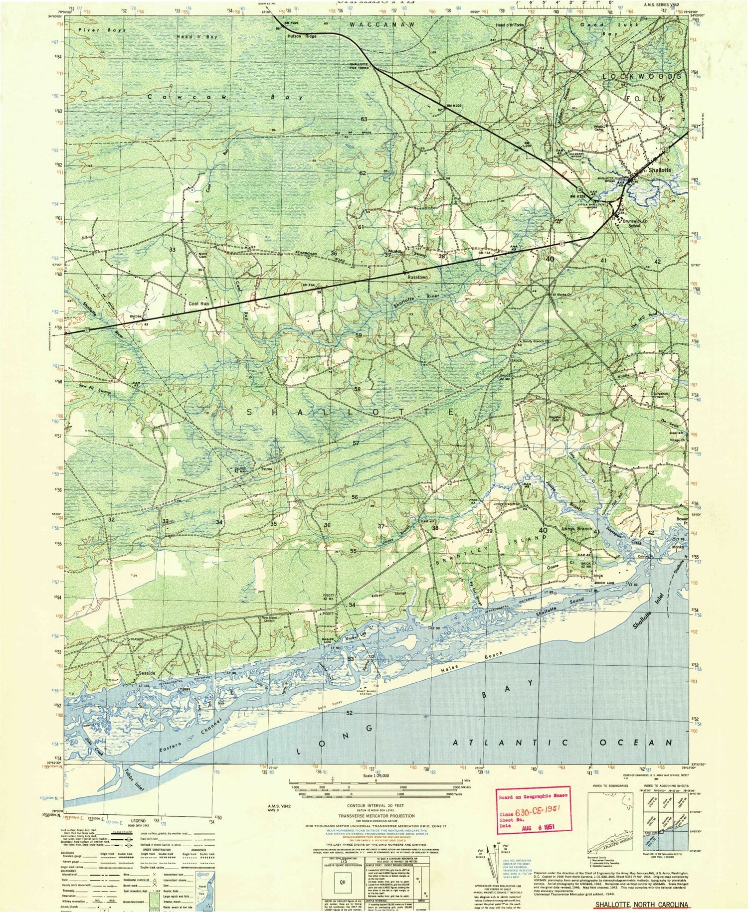Classic USGS Shallotte North Carolina 7.5'x7.5' Topo Map Image
