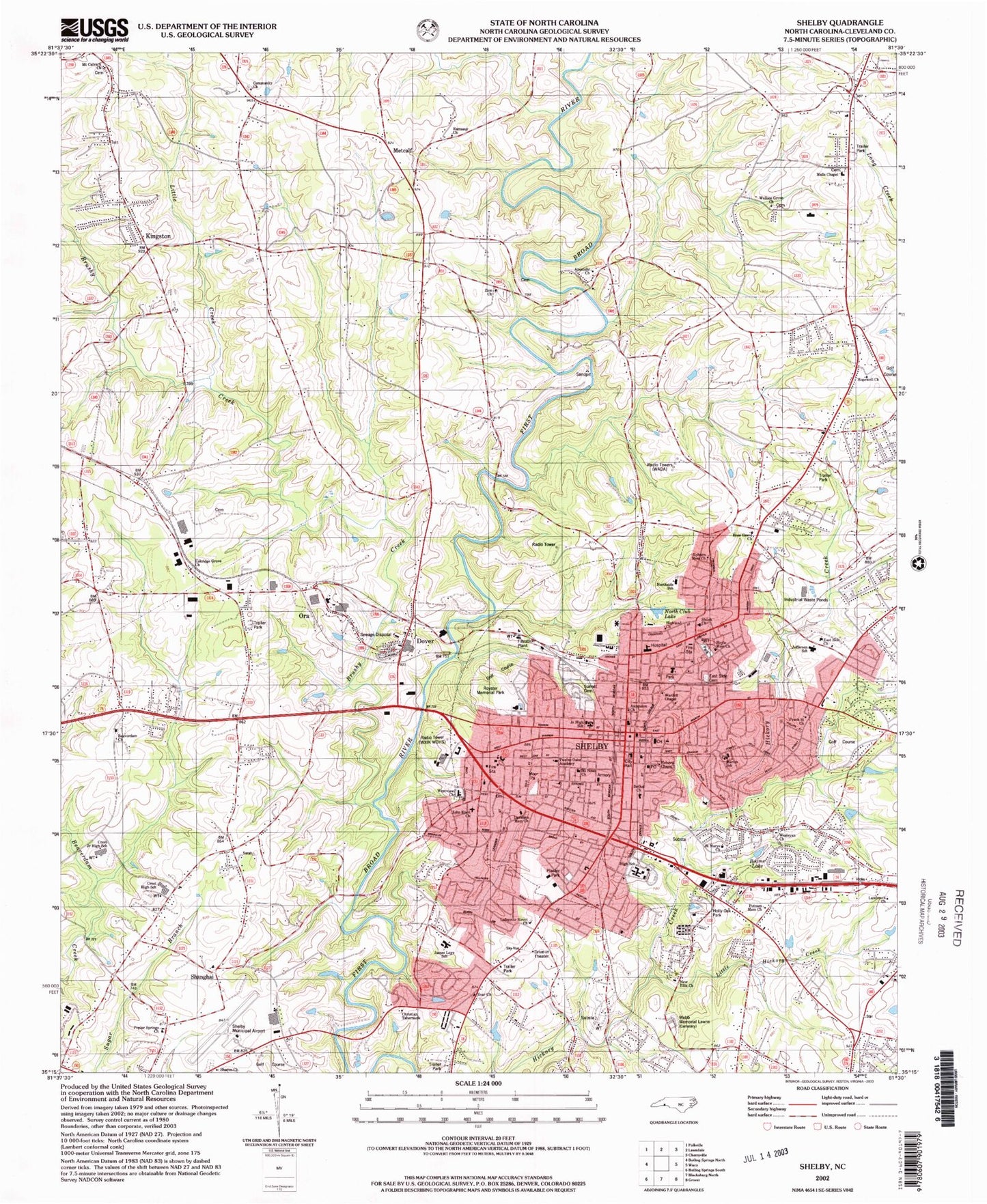 Classic USGS Shelby North Carolina 7.5'x7.5' Topo Map Image