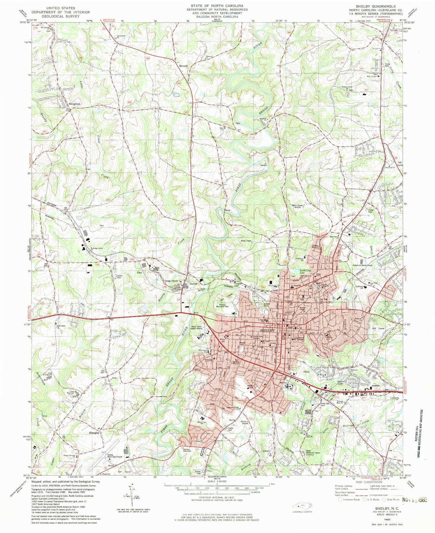 Classic USGS Shelby North Carolina 7.5'x7.5' Topo Map Image