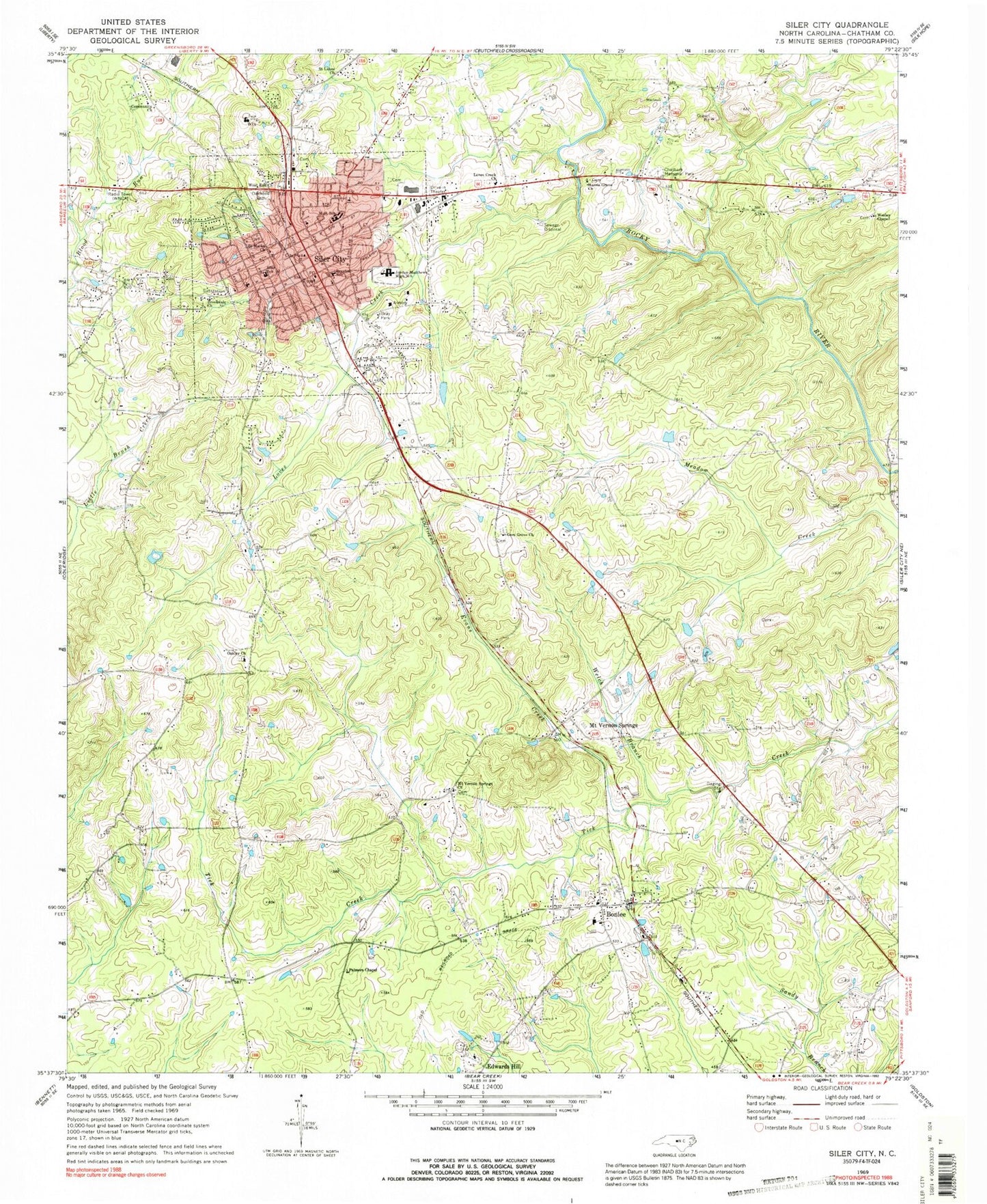 Classic USGS Siler City North Carolina 7.5'x7.5' Topo Map Image