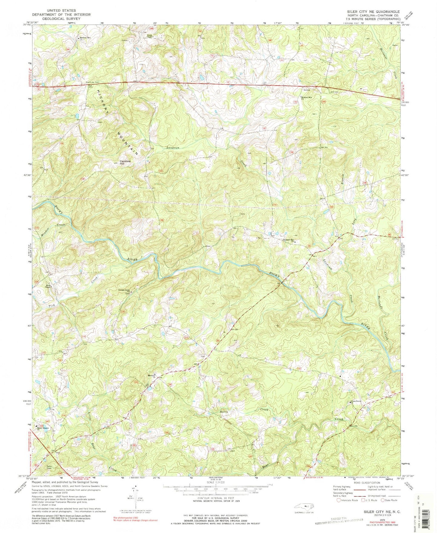 Classic USGS Siler City NE North Carolina 7.5'x7.5' Topo Map Image