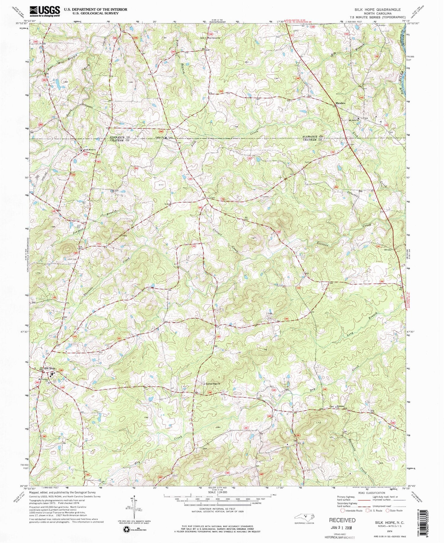 Classic USGS Silk Hope North Carolina 7.5'x7.5' Topo Map Image