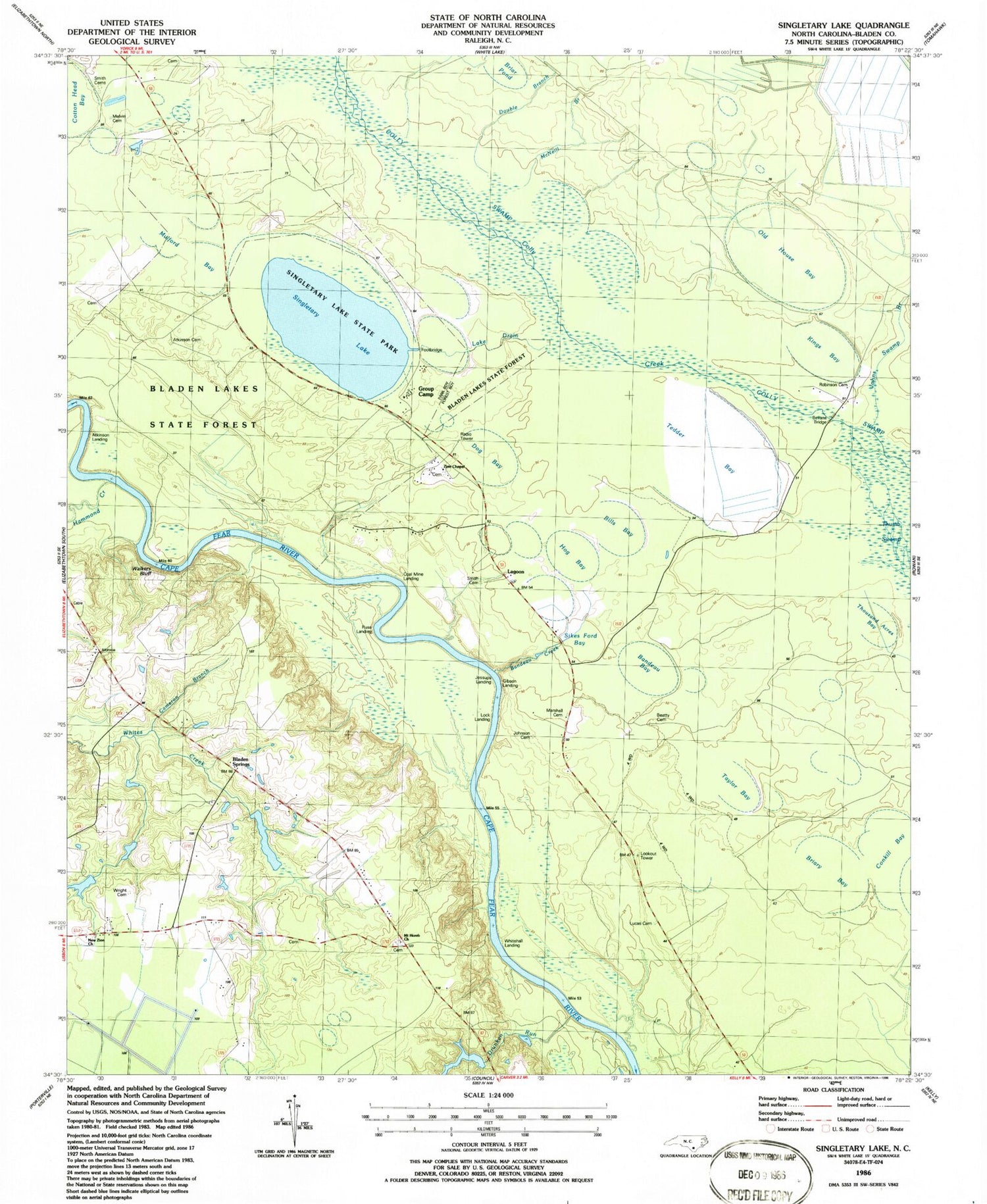 Classic USGS Singletary Lake North Carolina 7.5'x7.5' Topo Map Image