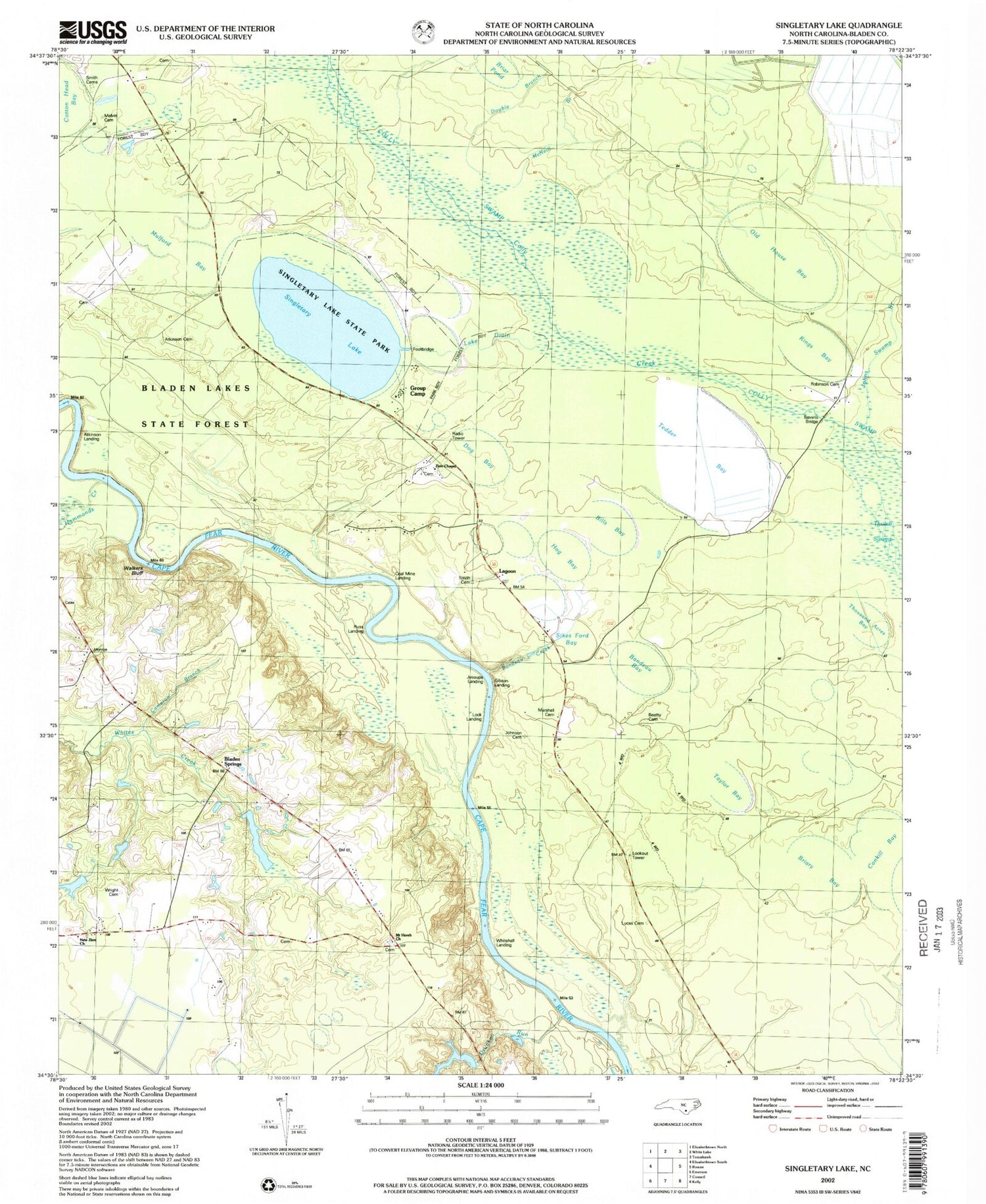 Classic USGS Singletary Lake North Carolina 7.5'x7.5' Topo Map Image