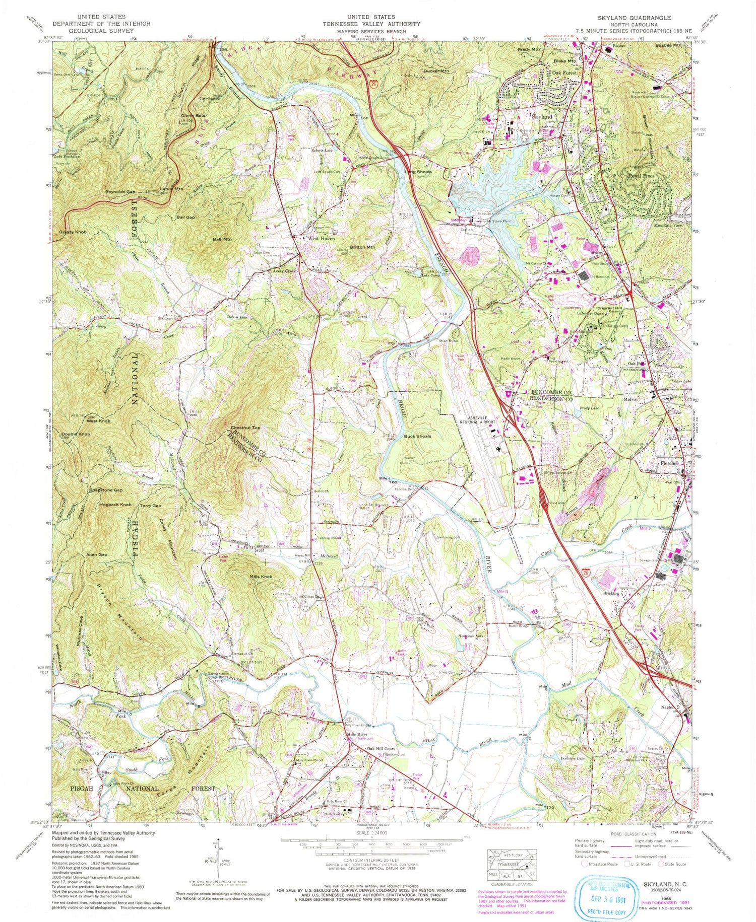 Classic USGS Skyland North Carolina 7.5'x7.5' Topo Map Image