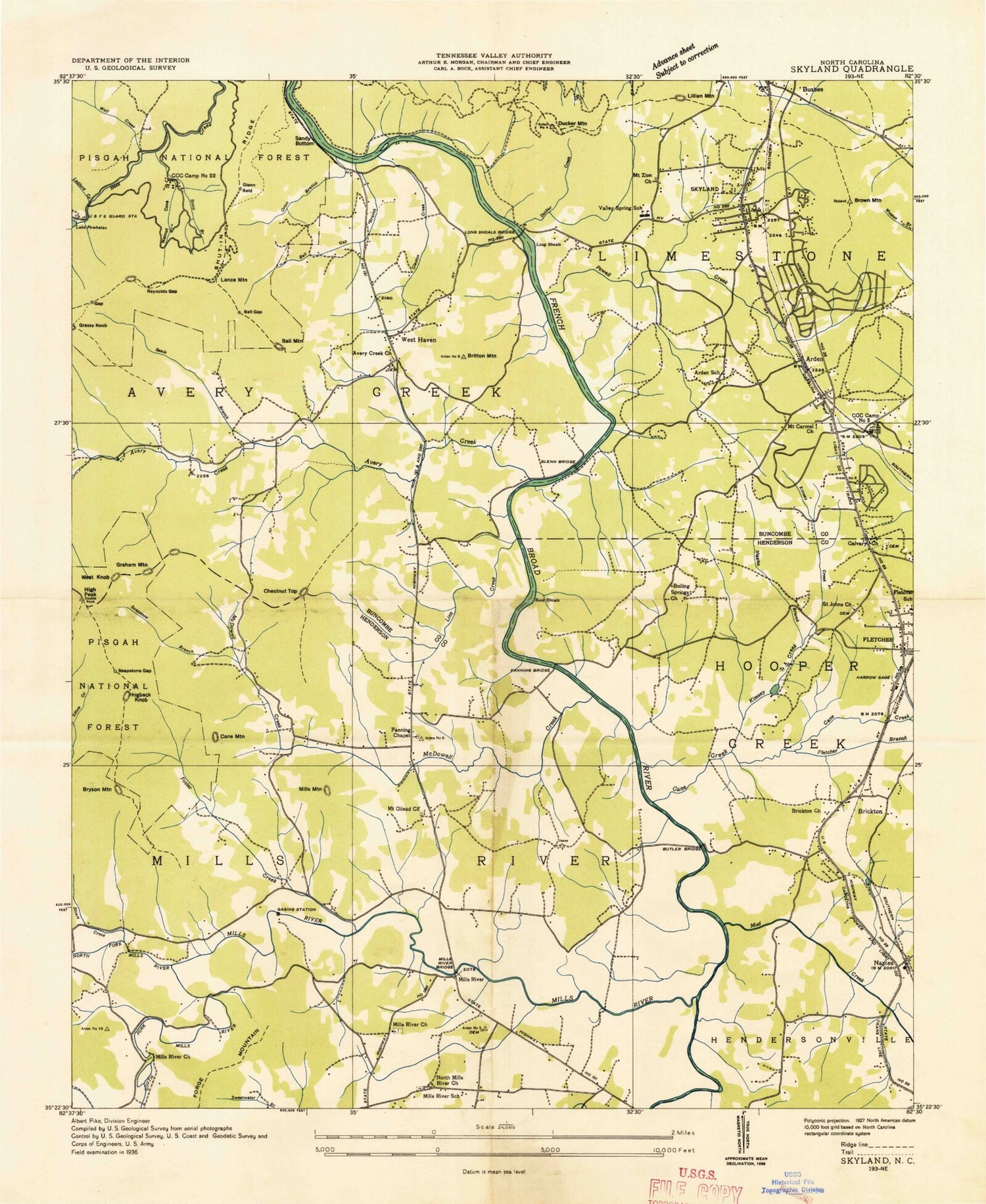 Classic USGS Skyland North Carolina 7.5'x7.5' Topo Map Image