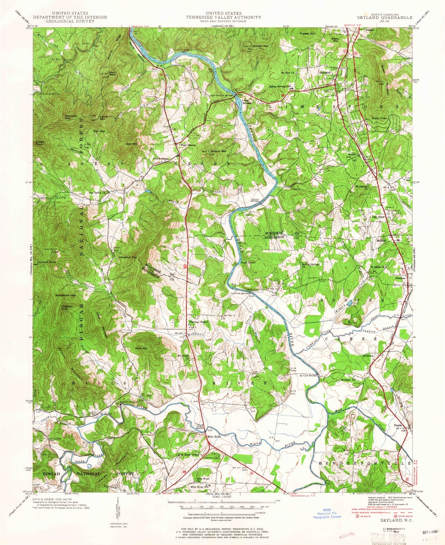 Classic USGS Skyland North Carolina 7.5'x7.5' Topo Map Image
