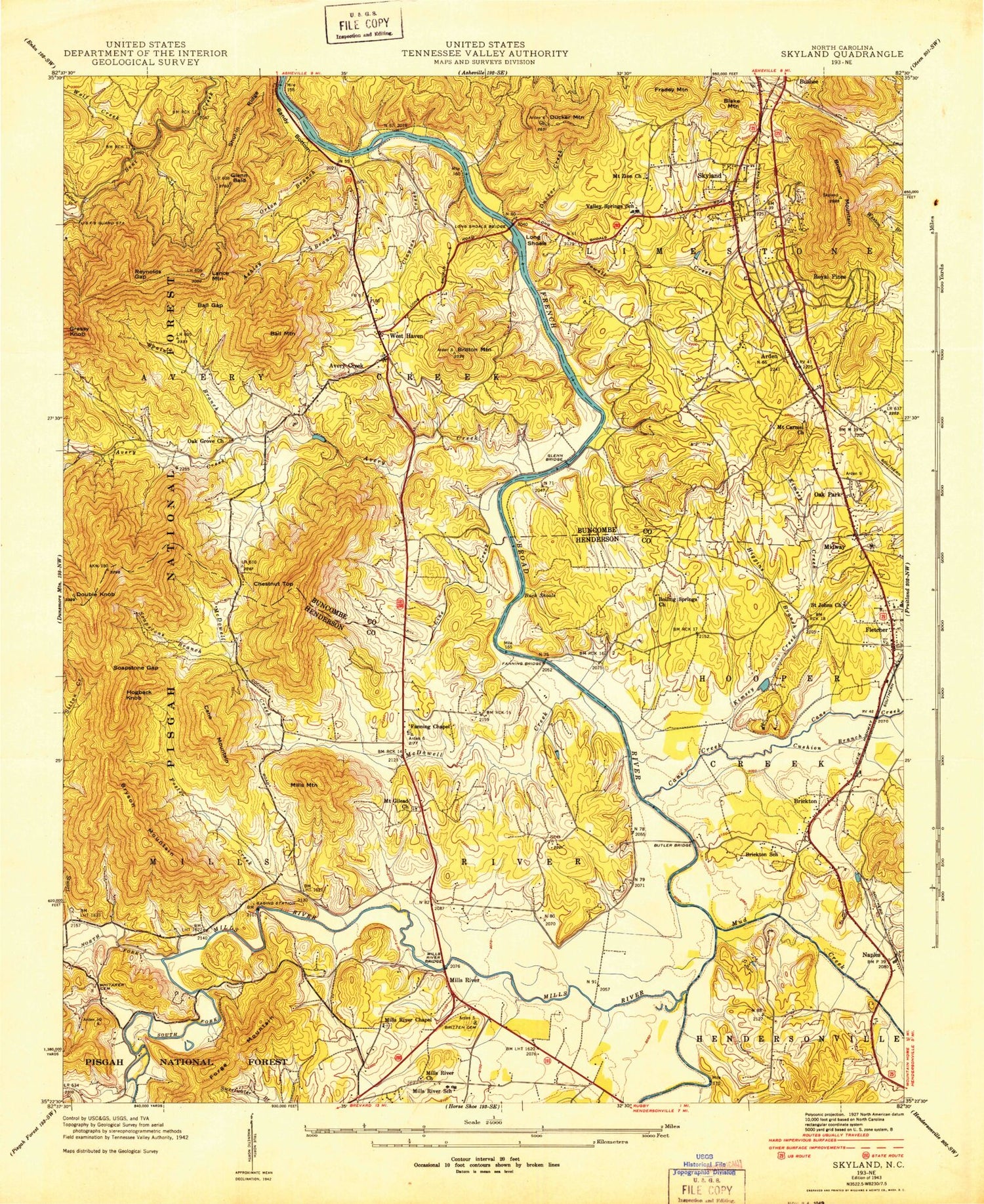 Classic USGS Skyland North Carolina 7.5'x7.5' Topo Map Image