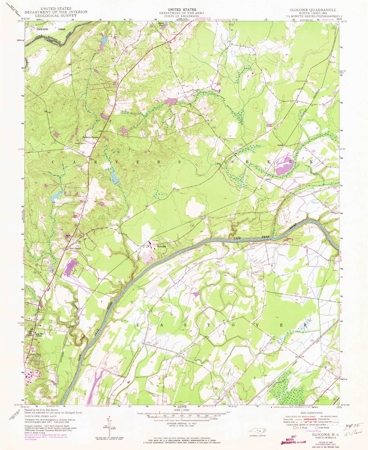 Classic USGS Slocomb North Carolina 7.5'x7.5' Topo Map Image
