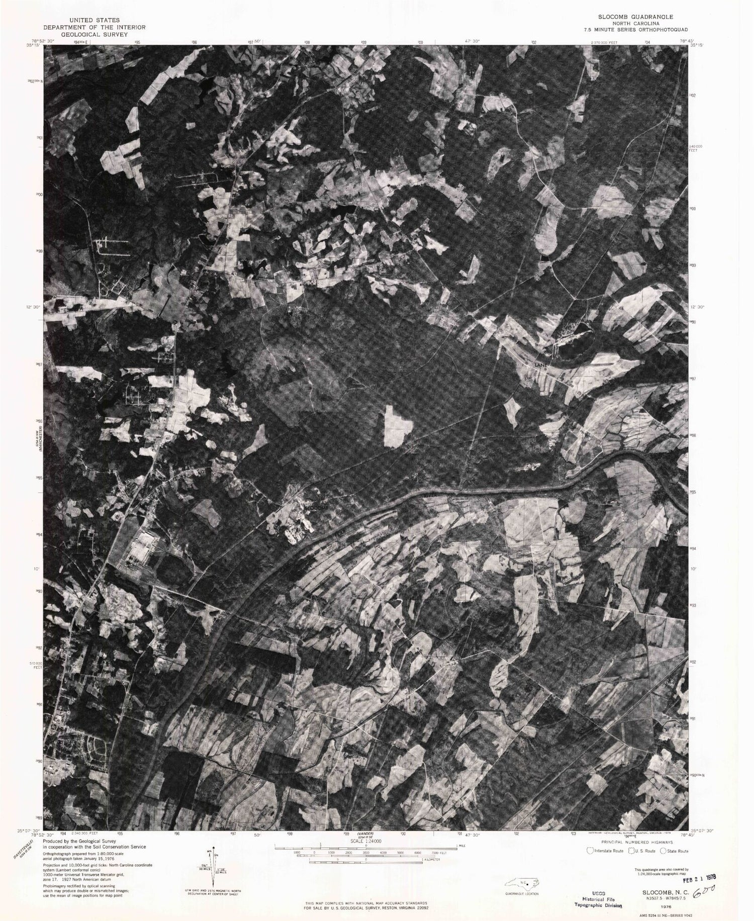 Classic USGS Slocomb North Carolina 7.5'x7.5' Topo Map Image