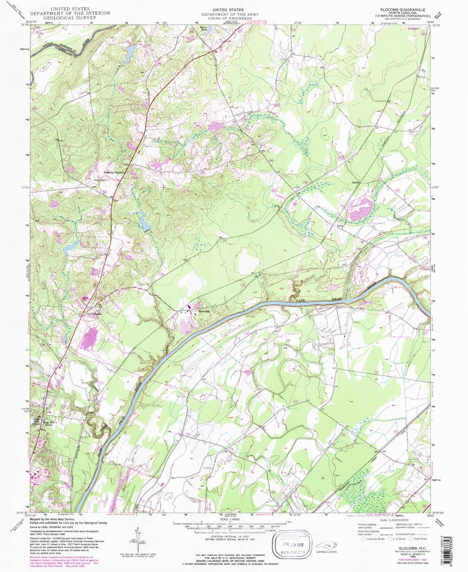 Classic USGS Slocomb North Carolina 7.5'x7.5' Topo Map Image