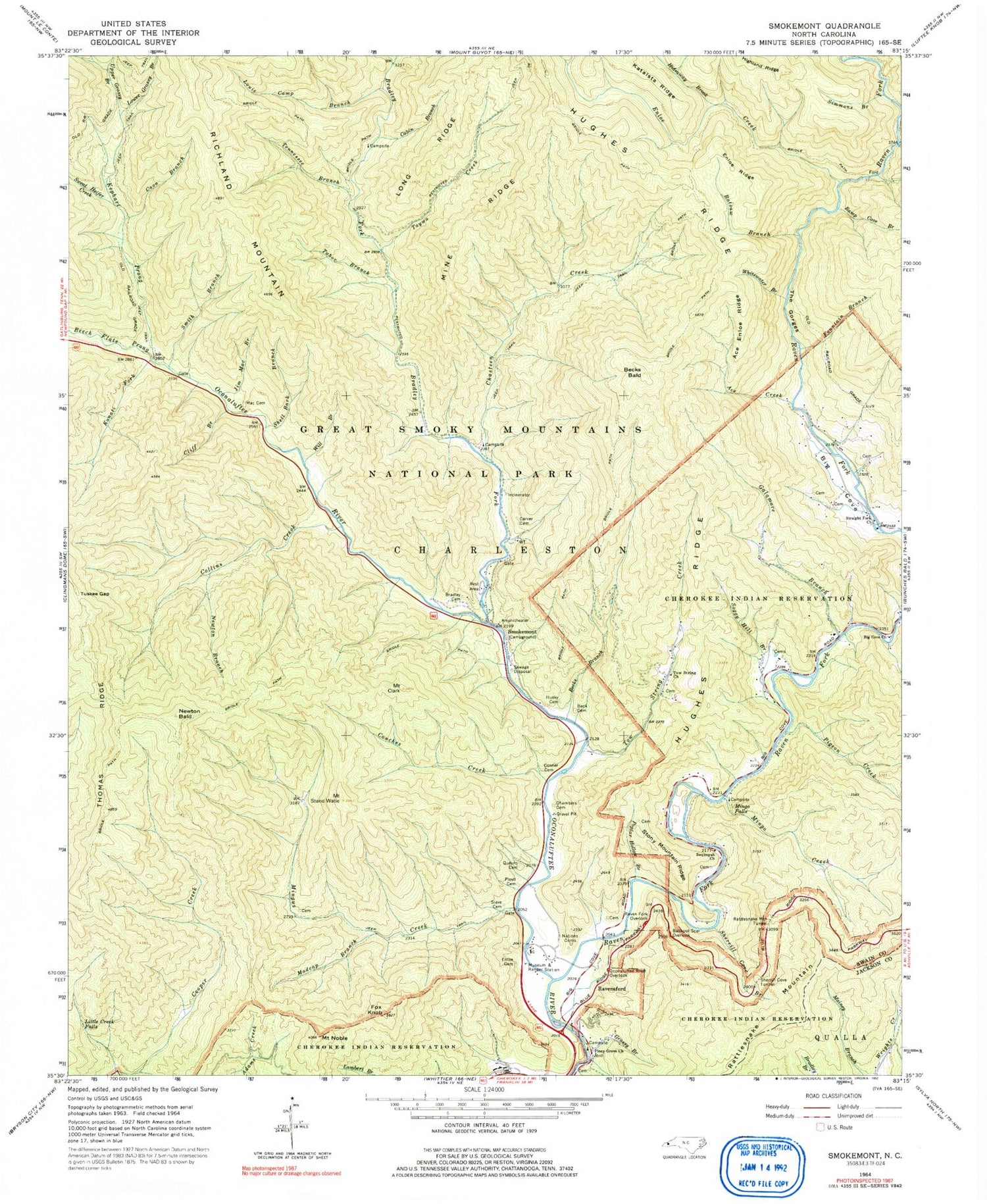 Classic USGS Smokemont North Carolina 7.5'x7.5' Topo Map Image