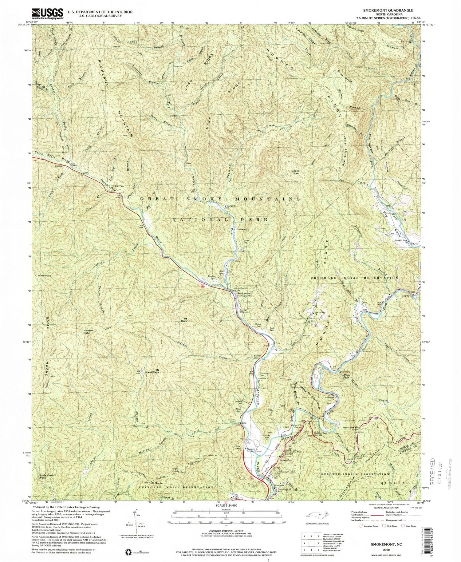 Classic USGS Smokemont North Carolina 7.5'x7.5' Topo Map Image