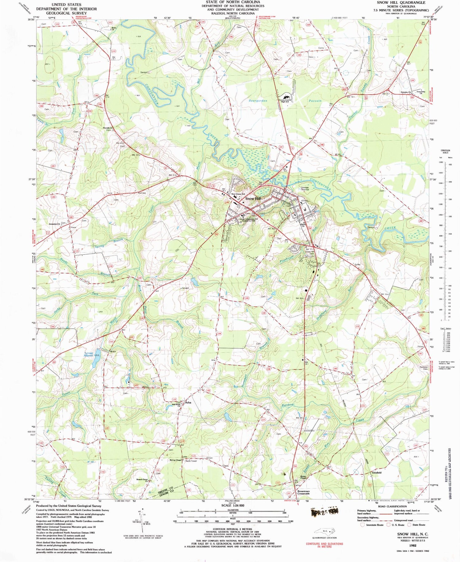 Classic USGS Snow Hill North Carolina 7.5'x7.5' Topo Map Image