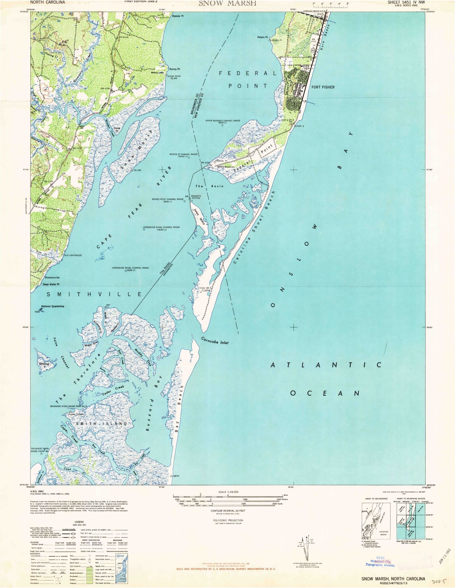 Classic USGS Kure Beach North Carolina 7.5'x7.5' Topo Map Image