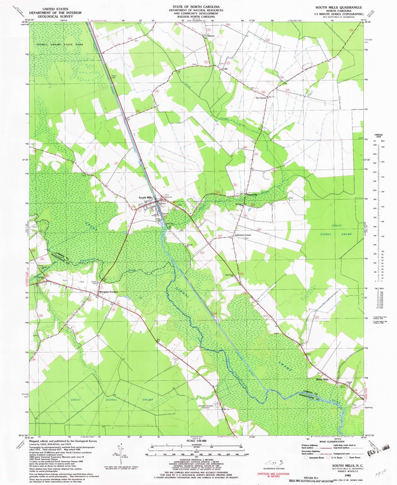 Classic USGS South Mills North Carolina 7.5'x7.5' Topo Map Image