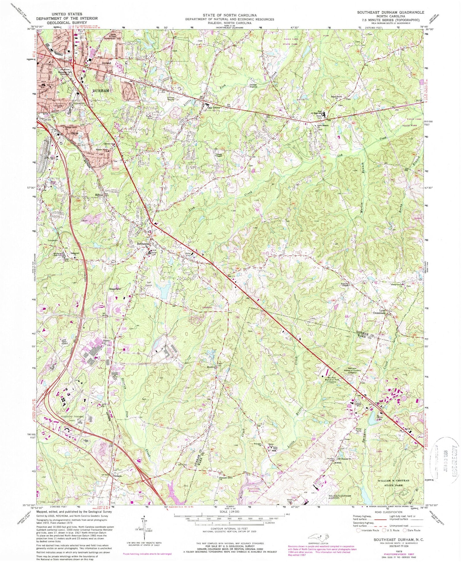 Classic USGS Southeast Durham North Carolina 7.5'x7.5' Topo Map Image