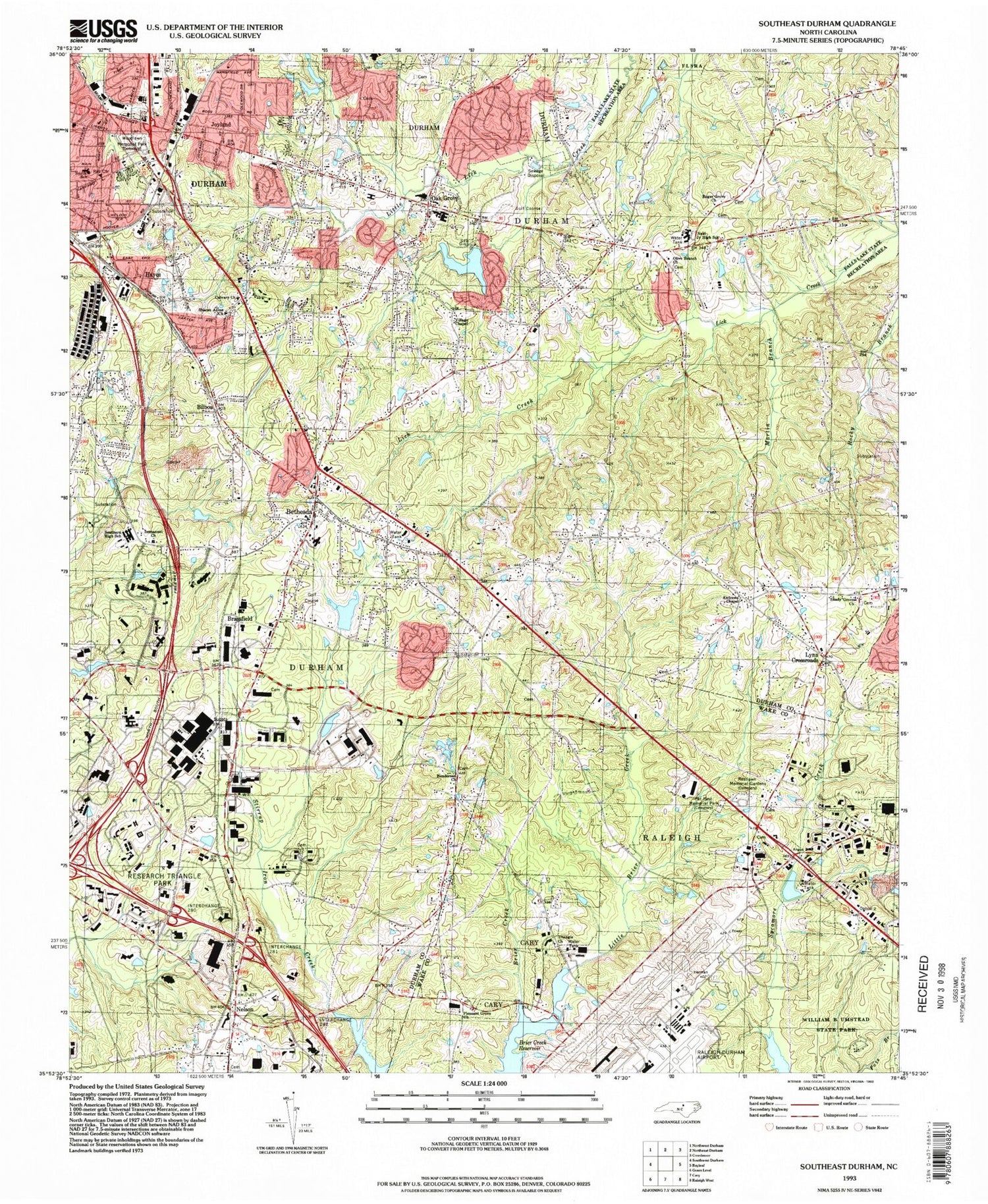 Classic USGS Southeast Durham North Carolina 7.5'x7.5' Topo Map Image