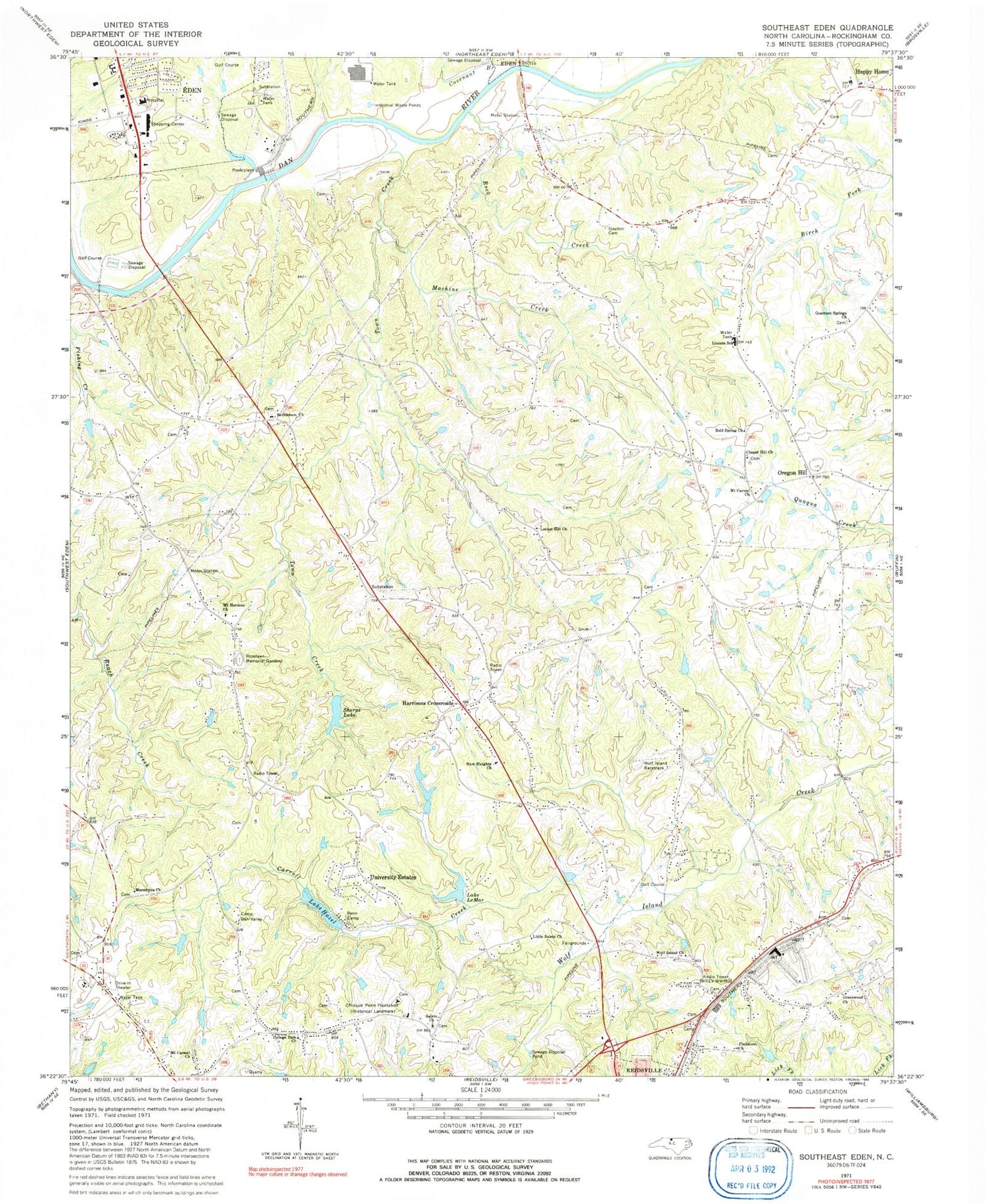 Classic USGS Southeast Eden North Carolina 7.5'x7.5' Topo Map Image