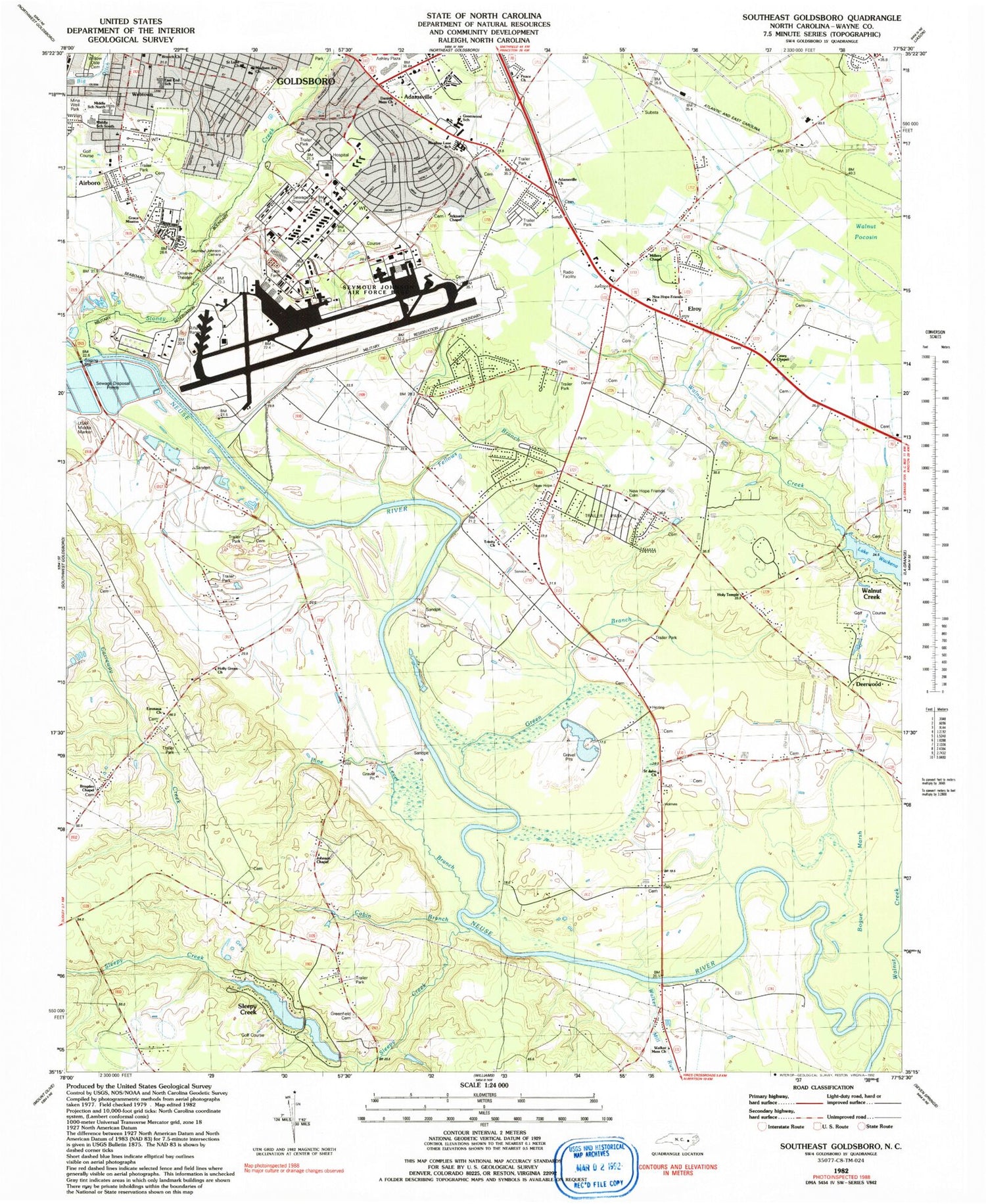Classic USGS Southeast Goldsboro North Carolina 7.5'x7.5' Topo Map Image