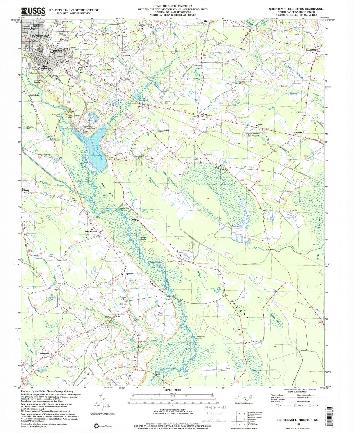 Classic USGS Southeast Lumberton North Carolina 7.5'x7.5' Topo Map Image