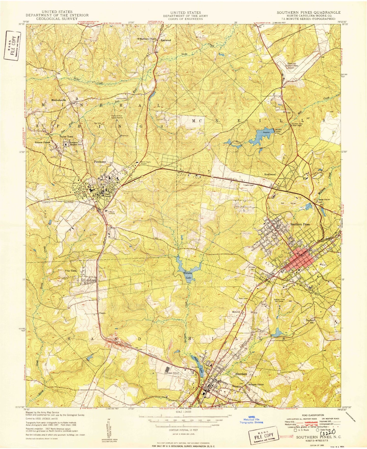 Classic USGS Southern Pines North Carolina 7.5'x7.5' Topo Map Image