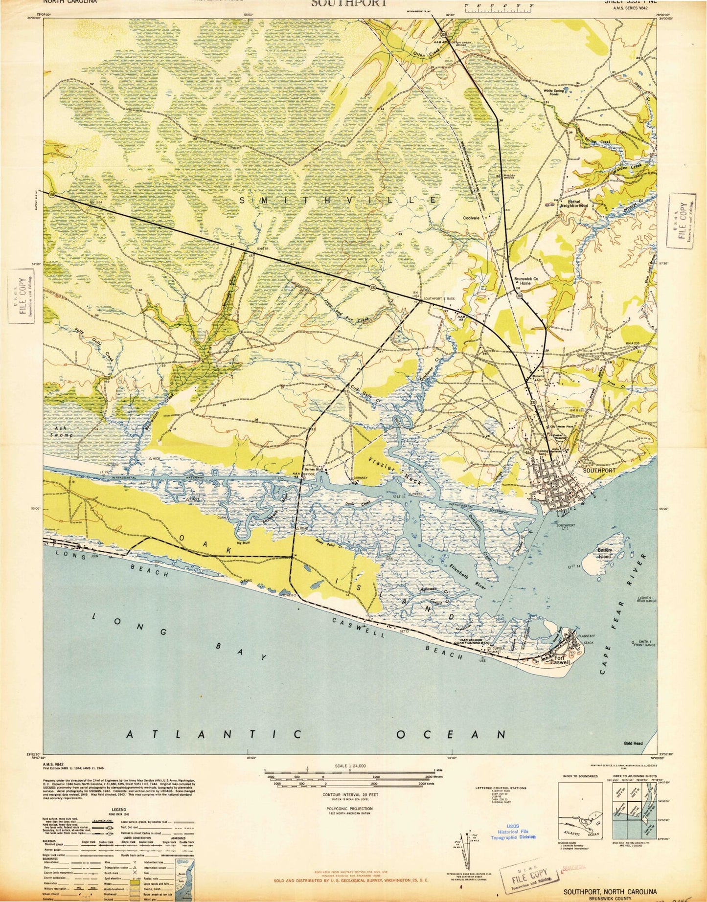 Classic USGS Southport North Carolina 7.5'x7.5' Topo Map Image