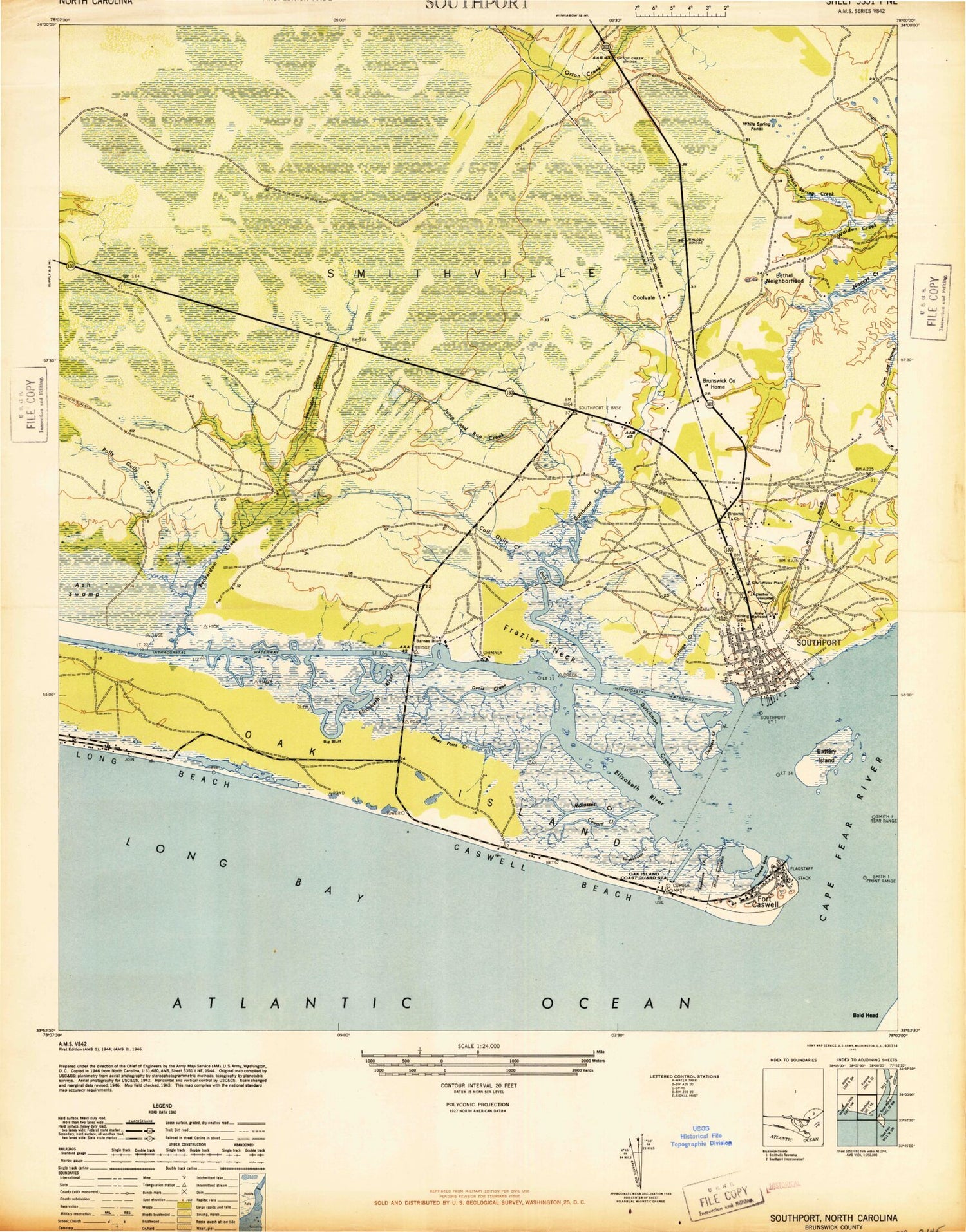 Classic USGS Southport North Carolina 7.5'x7.5' Topo Map Image