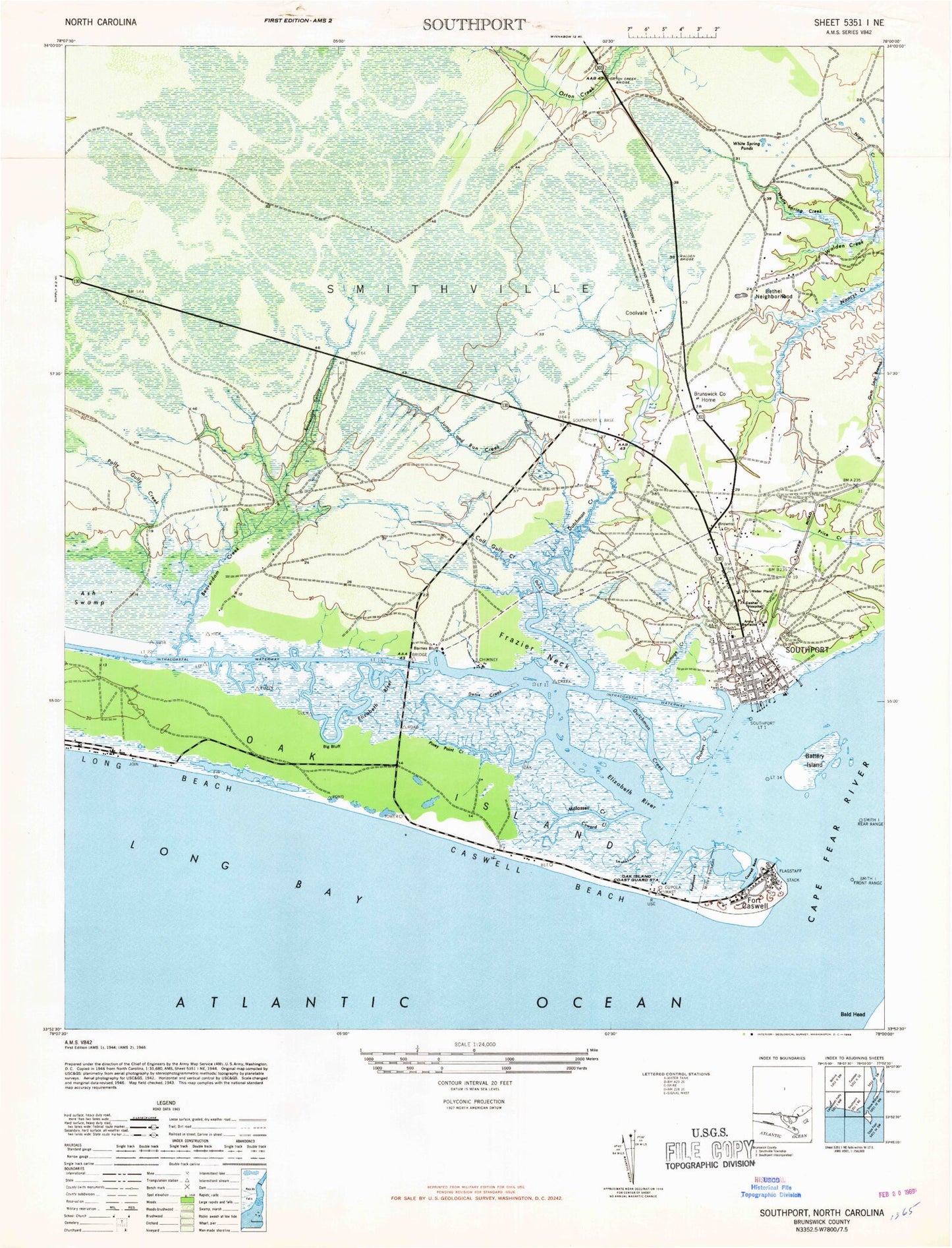 Classic USGS Southport North Carolina 7.5'x7.5' Topo Map Image