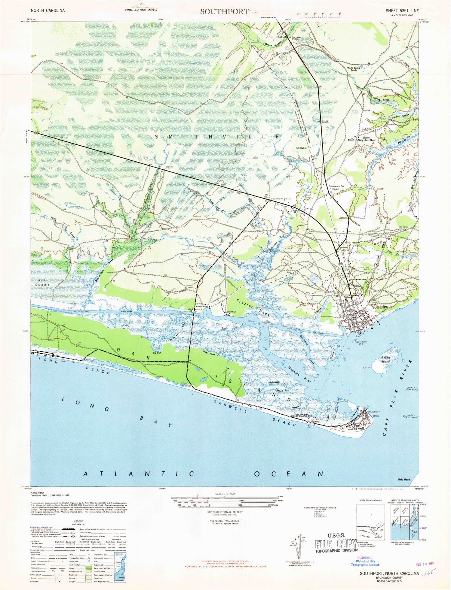 Classic USGS Southport North Carolina 7.5'x7.5' Topo Map Image
