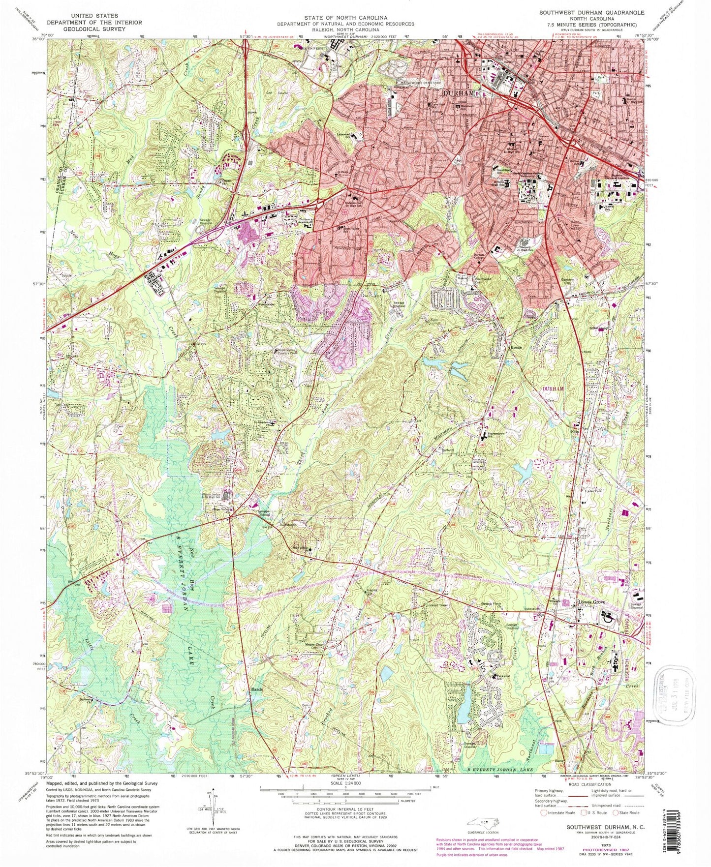 Classic USGS Southwest Durham North Carolina 7.5'x7.5' Topo Map Image