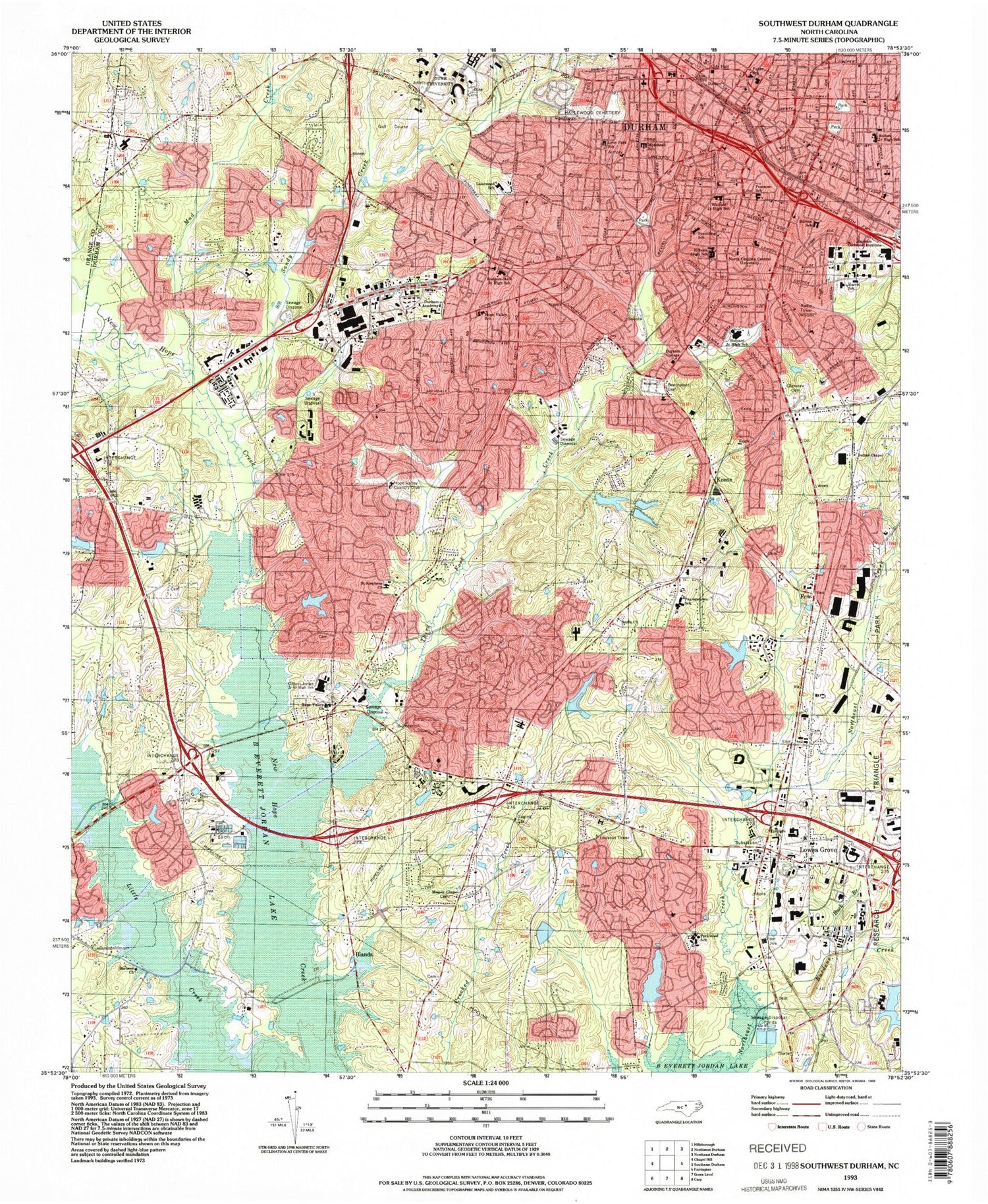 Classic USGS Southwest Durham North Carolina 7.5'x7.5' Topo Map Image