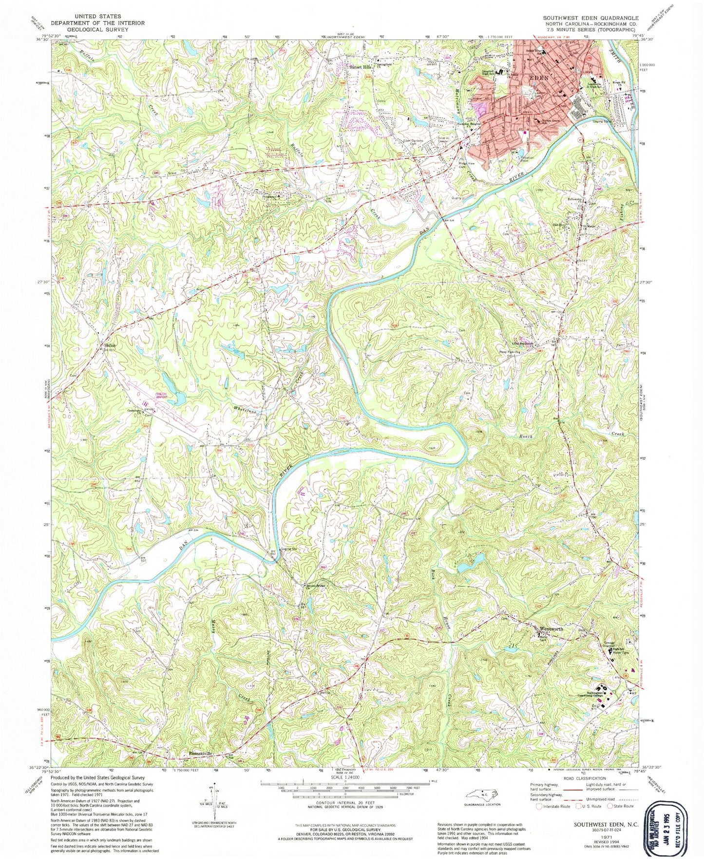 Classic USGS Southwest Eden North Carolina 7.5'x7.5' Topo Map Image