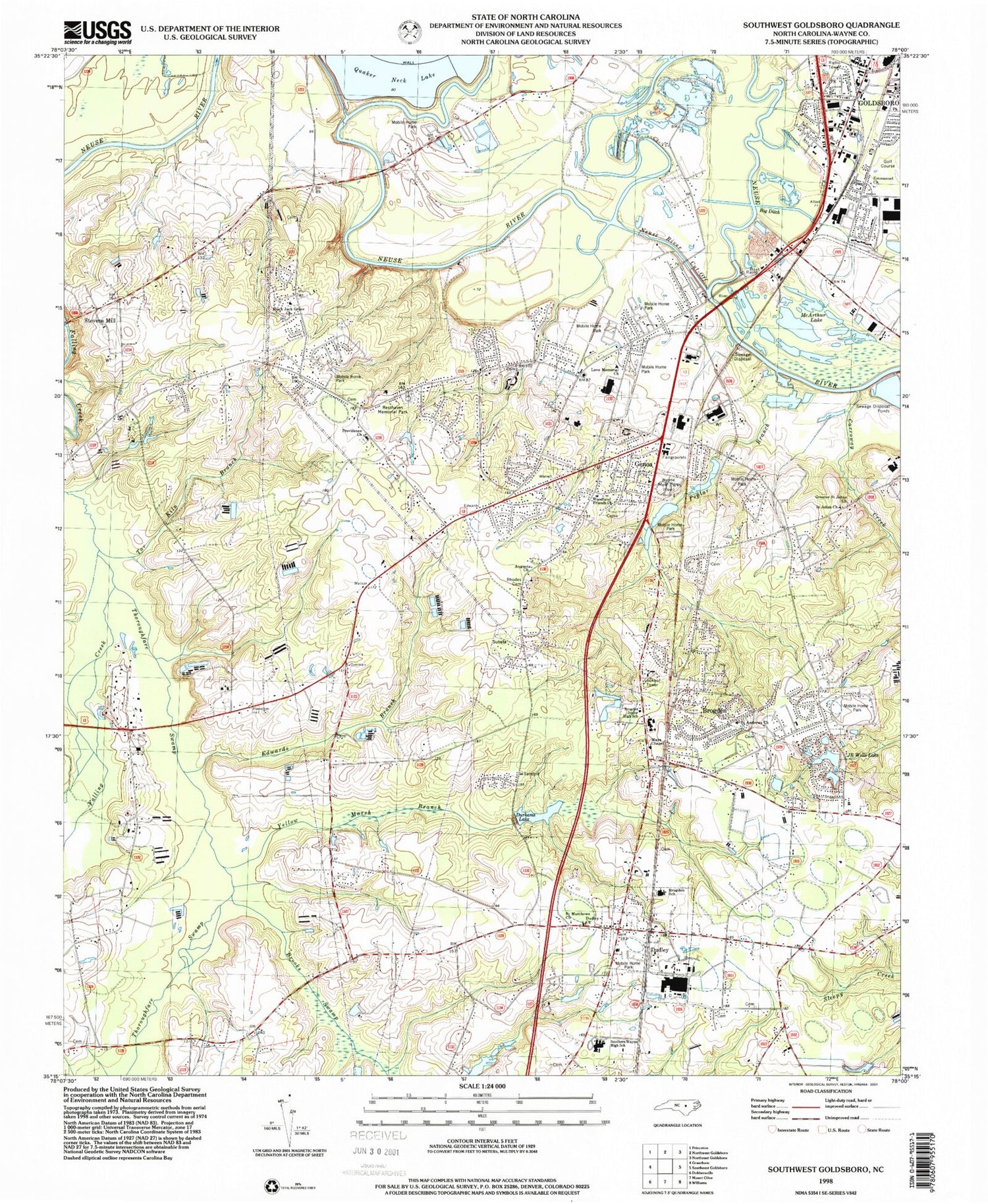 Classic USGS Southwest Goldsboro North Carolina 7.5'x7.5' Topo Map Image