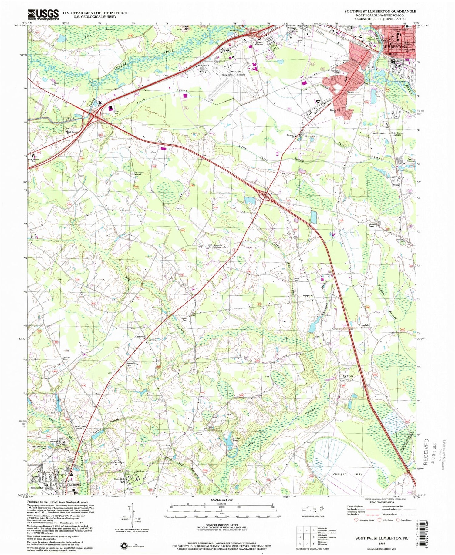 Classic USGS Southwest Lumberton North Carolina 7.5'x7.5' Topo Map Image