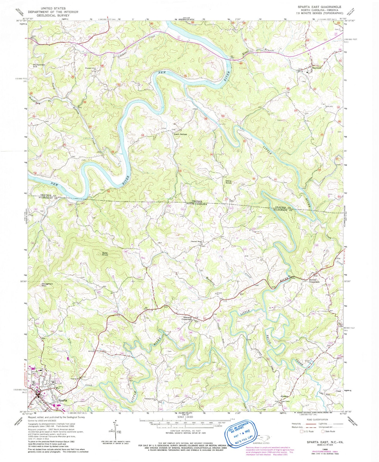 Classic USGS Sparta East North Carolina 7.5'x7.5' Topo Map Image