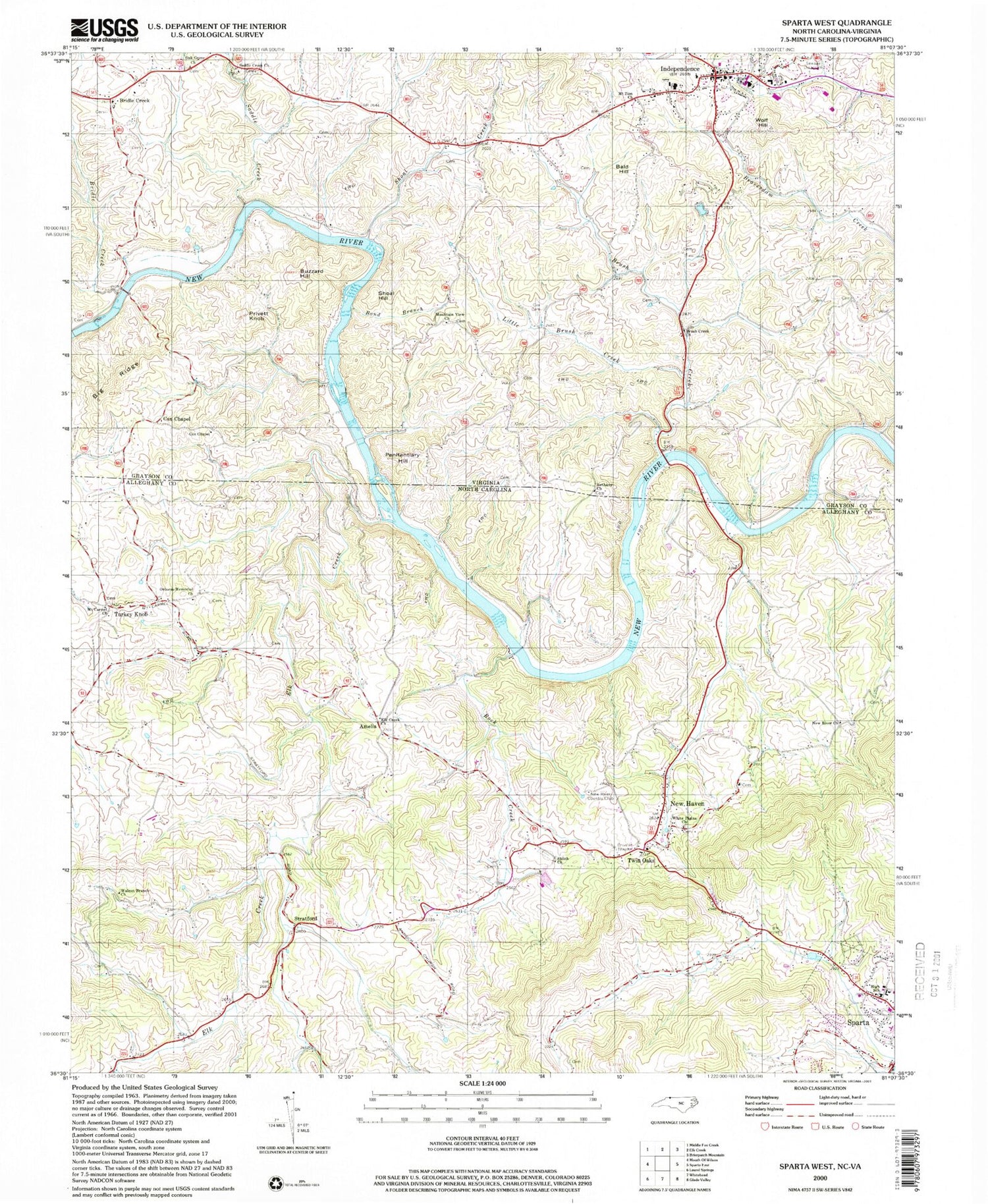 Classic USGS Sparta West North Carolina 7.5'x7.5' Topo Map Image