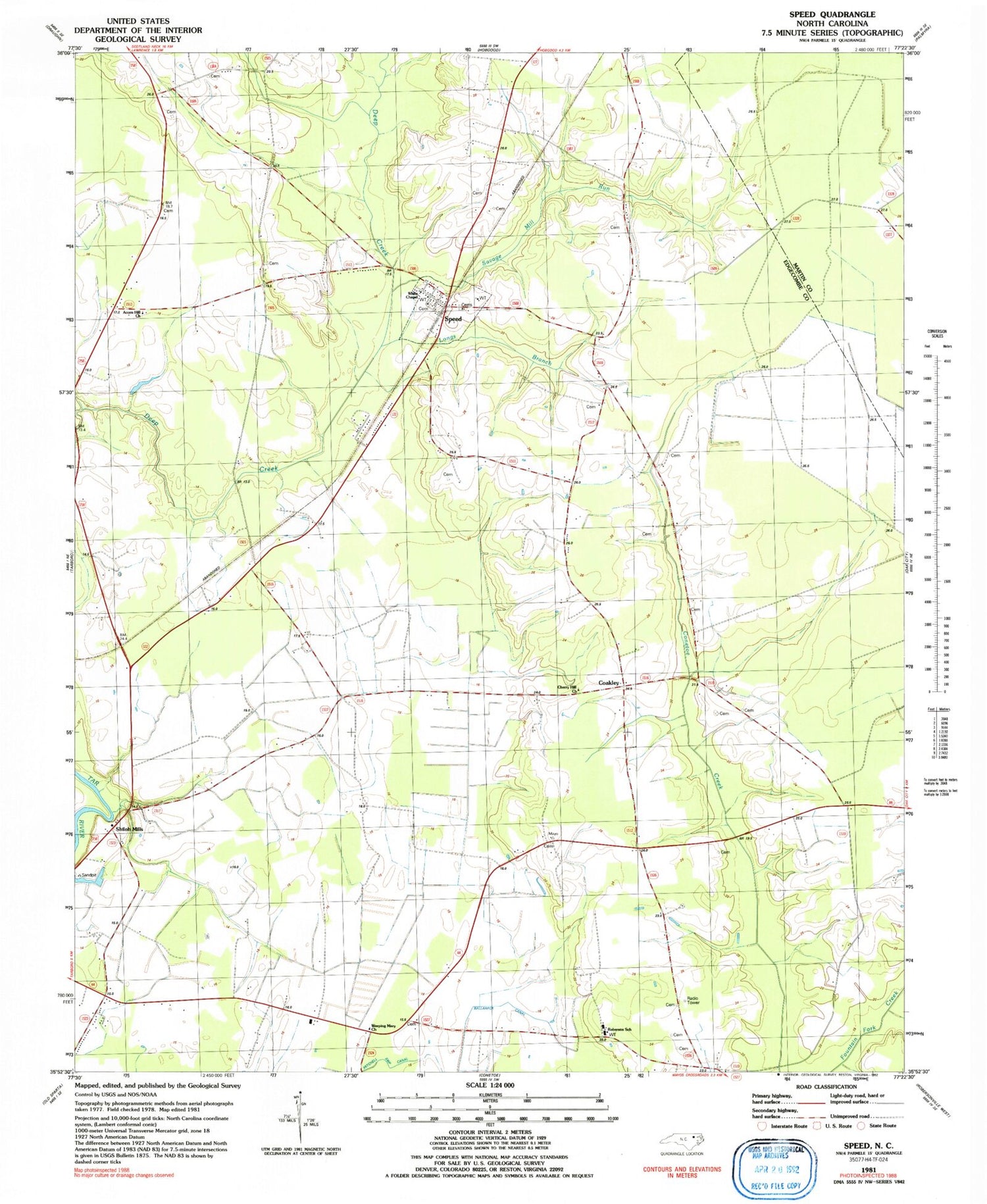 Classic USGS Speed North Carolina 7.5'x7.5' Topo Map Image